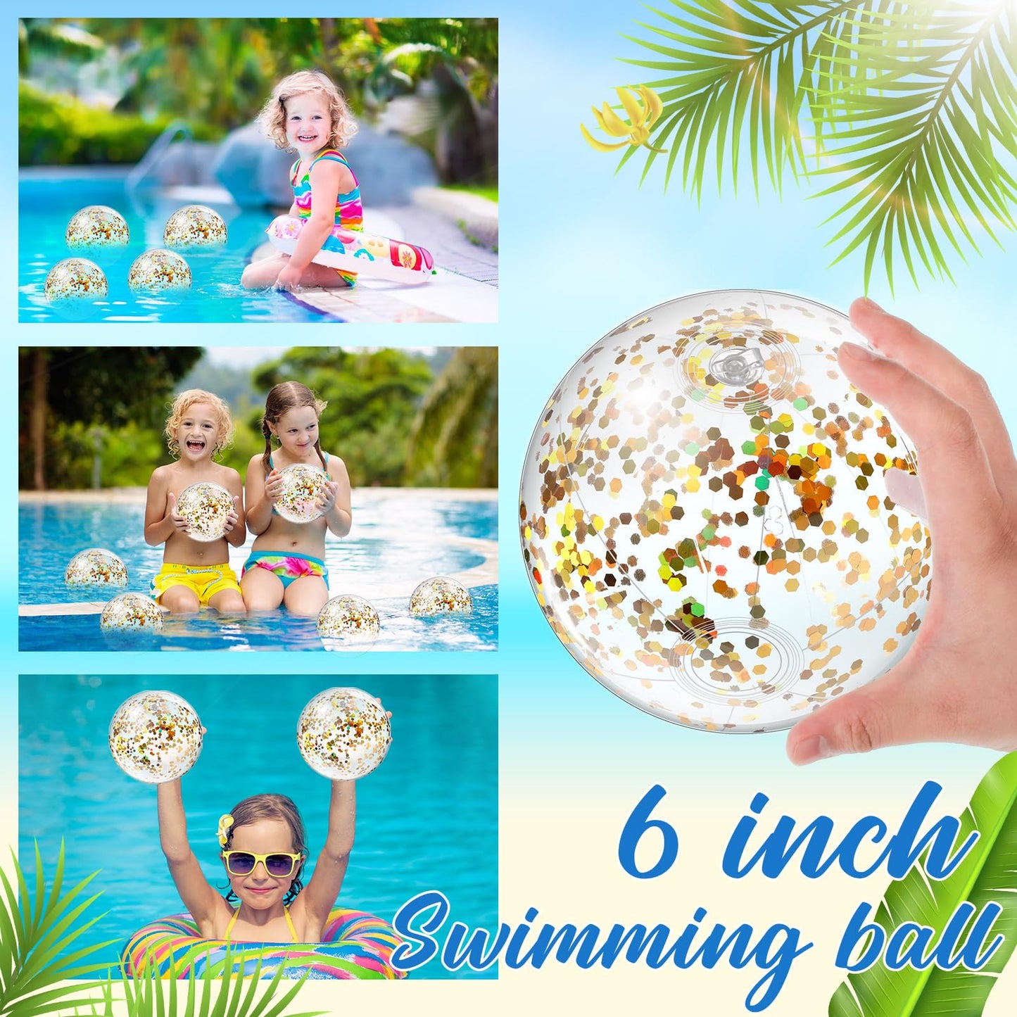 Hungdao 25 Pcs Inflatable Glitter Beach Ball 8 Inches Mini Clear Floatable Confetti Ball for Kids Bulk Swimming Pool Theme Party Toy for Hawaiian Theme Party Decorations Favors Supplies(Gold)