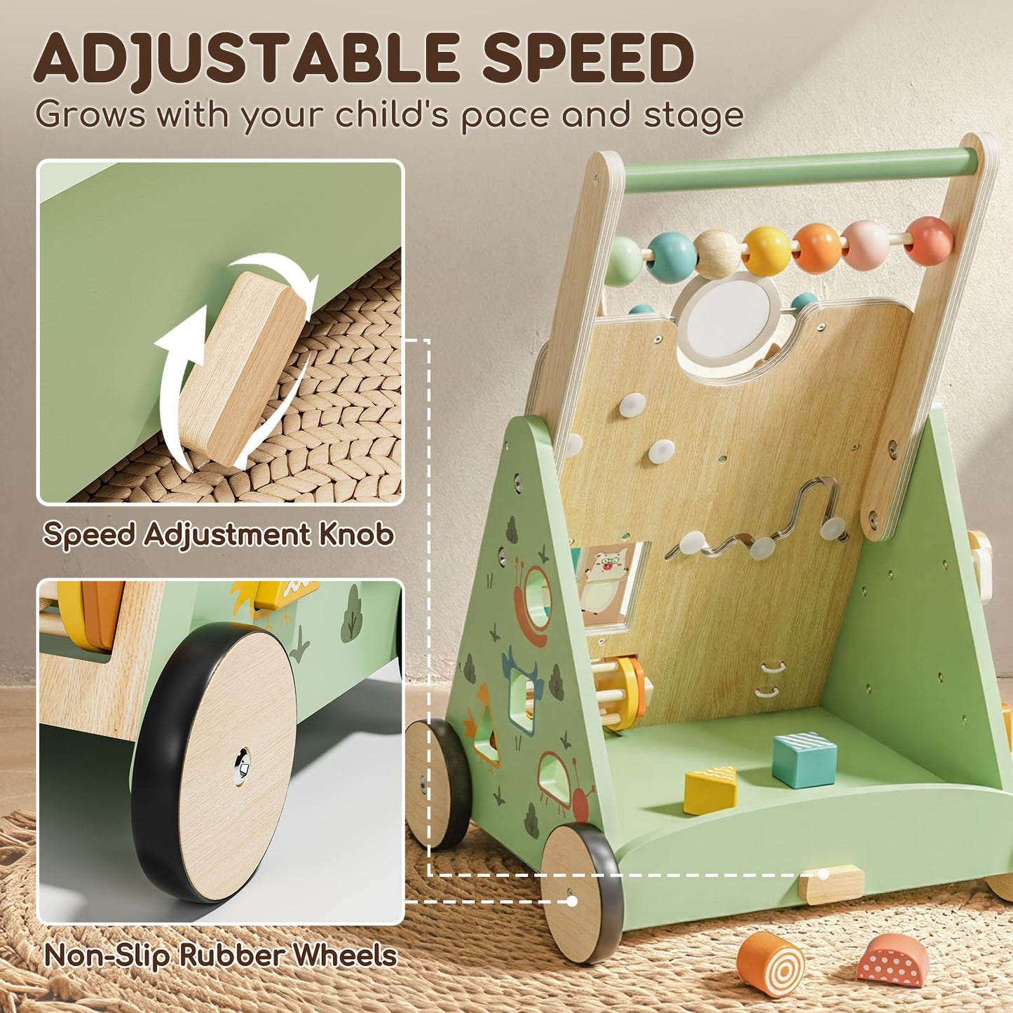 Lehoo Castle Wooden Baby Walker, Adjustable Speed Montessori Walker with Activity Center for Boys Girls, Baby Push Walker Toys for 1 Year Old Learning to Walk