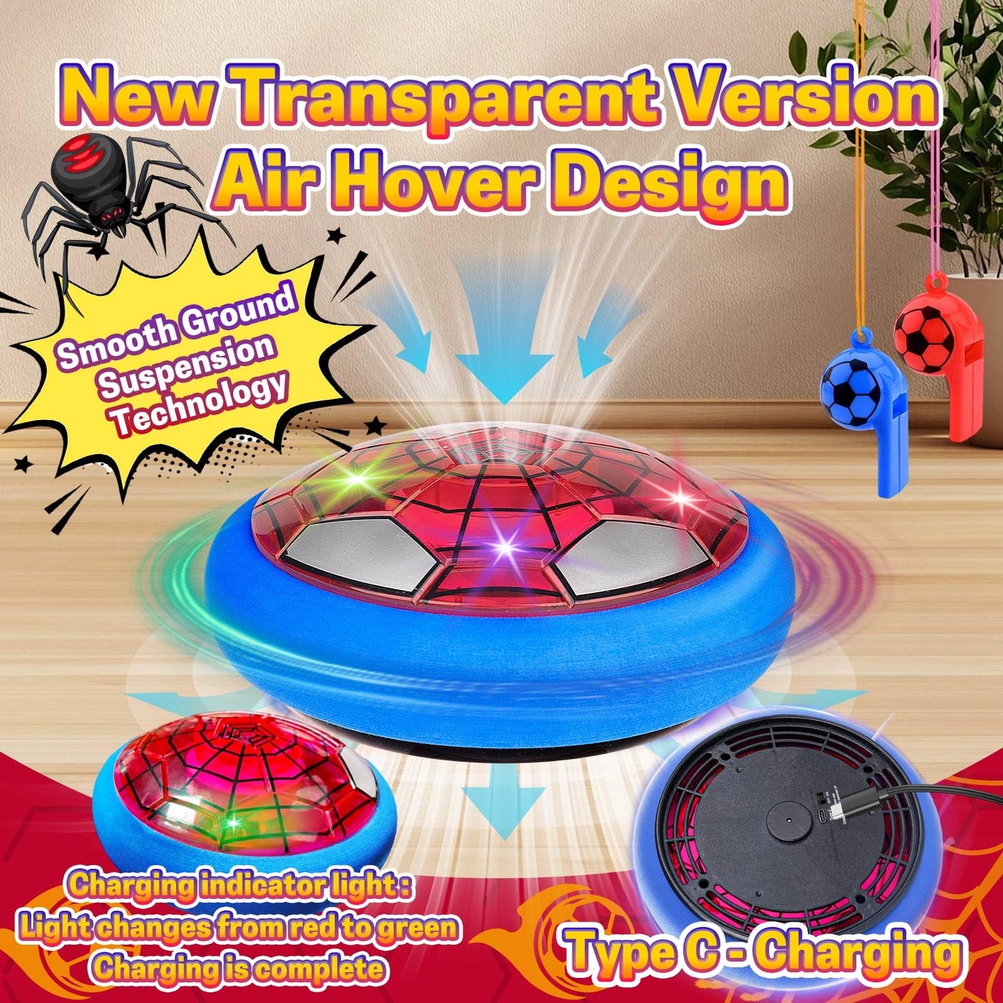 SUYUKI Hover Soccer Ball for Kids Boys, Spider Soccer Toys for Boys 4 5 6 7 8 9 10, Indoor Boy Toys with Led Lights and Foam Cushion Spider Hover Football Air Power Football