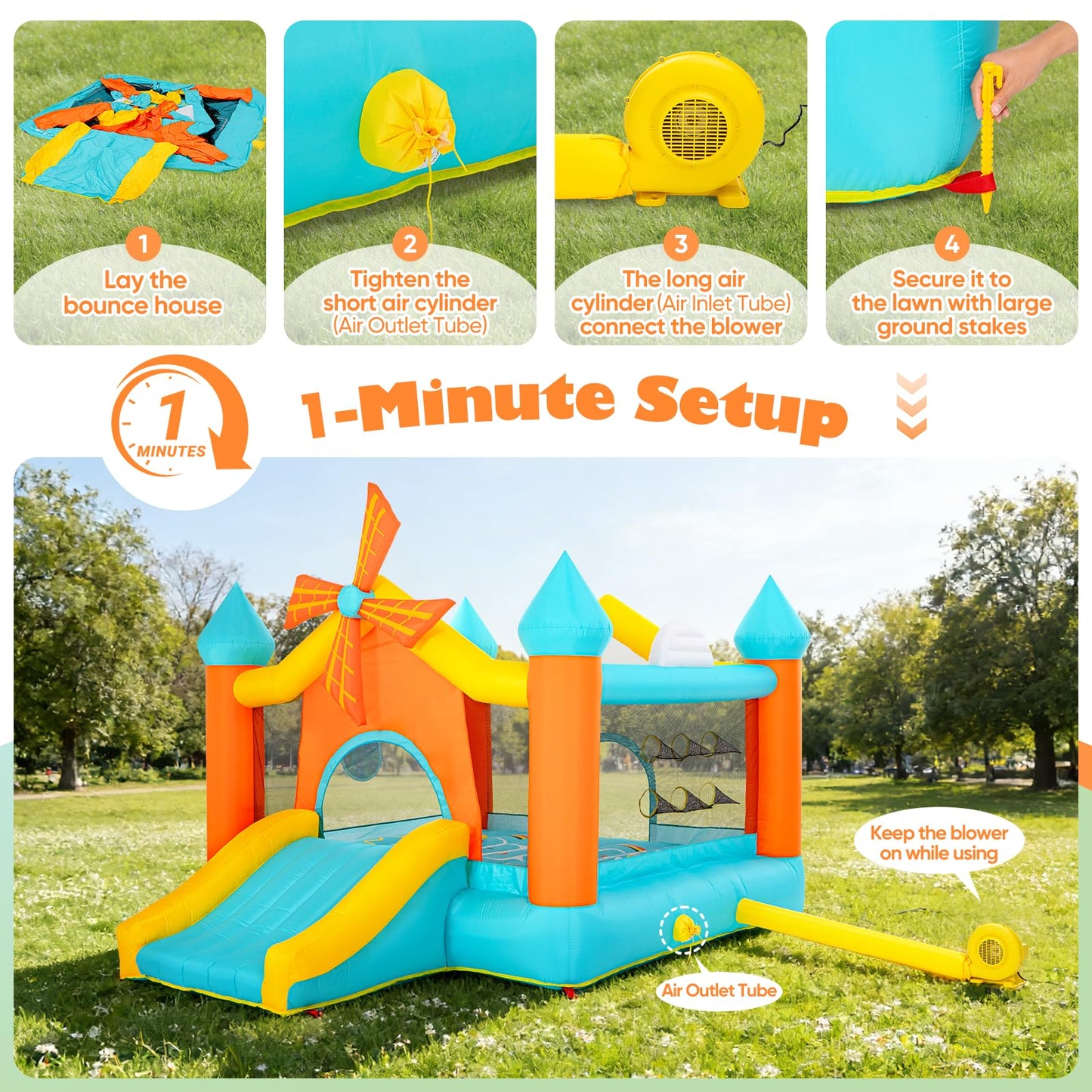 Bounce House for Big Kids 5-10, 12.5FT Windmill Inflatable Bouncy Castle with Slide & Games, Outdoor Backyard Birthday Party Jumper with Blower, Fits 4 Kids
