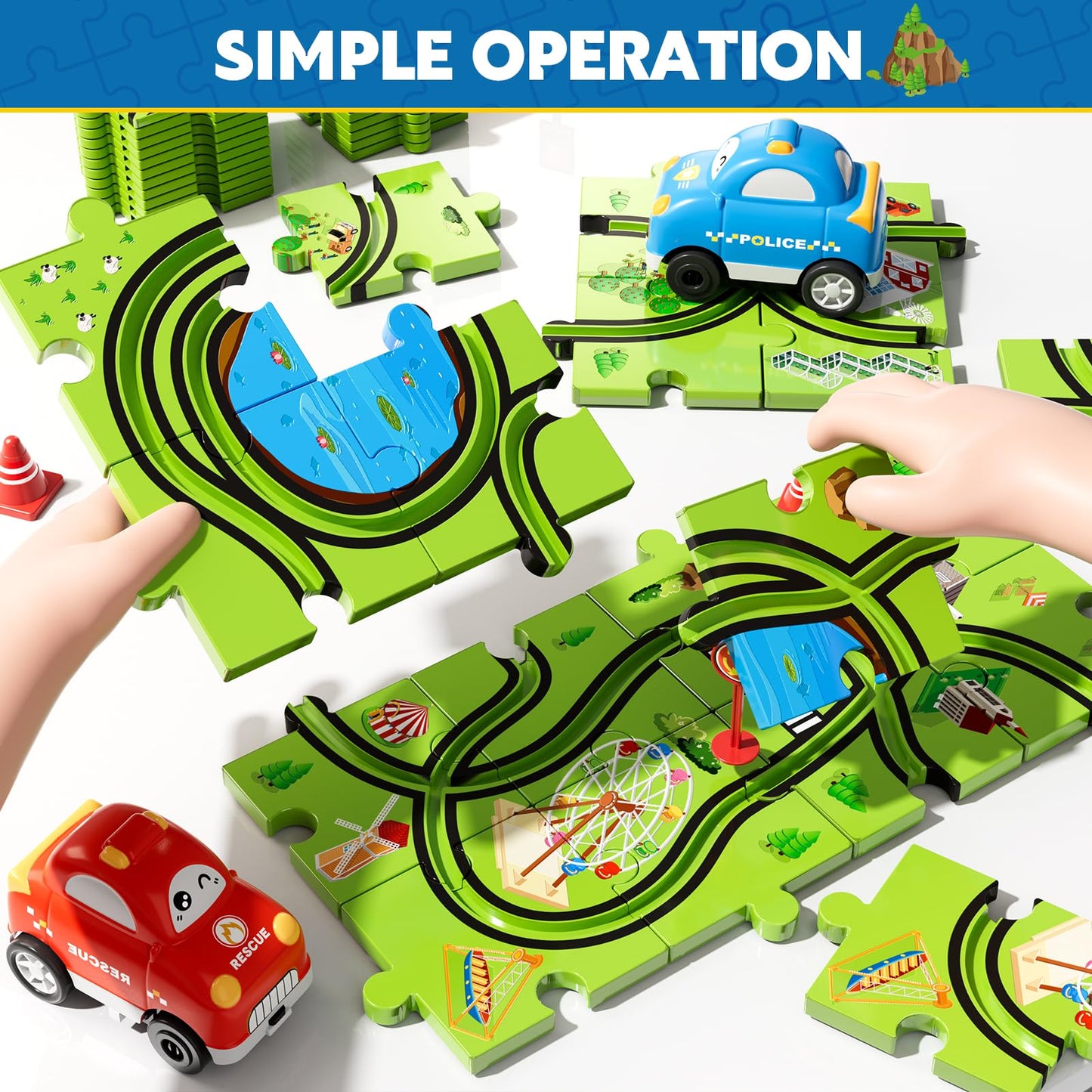 Beby Buty 48PCS Puzzle Race Track Car Set for Toddlers Kids Boys, Toddler Toys Birthday Gifts for 3 4 5 6 Years Old Boys and Girls, Floor Puzzle Tracks Car Toys for Ages 3-5 4-6