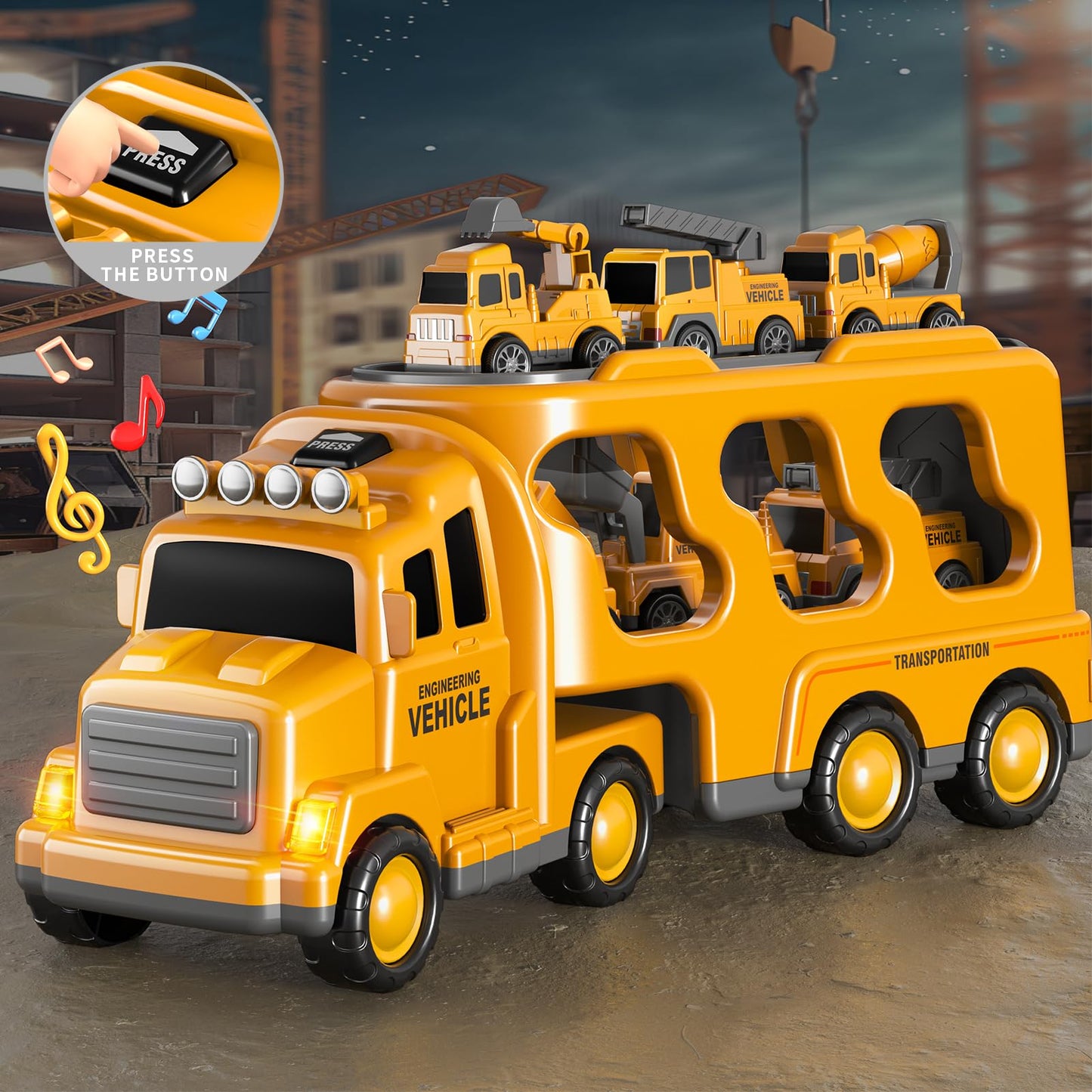 Beby Buty 8 in 1 Construction Trucks Cars Toys for Toddlers 3-5, Boy Toddler Car Truck Toys with Playmat and Light Sound, Birthday Gifts for 3 4 5 6 Year Old Boy
