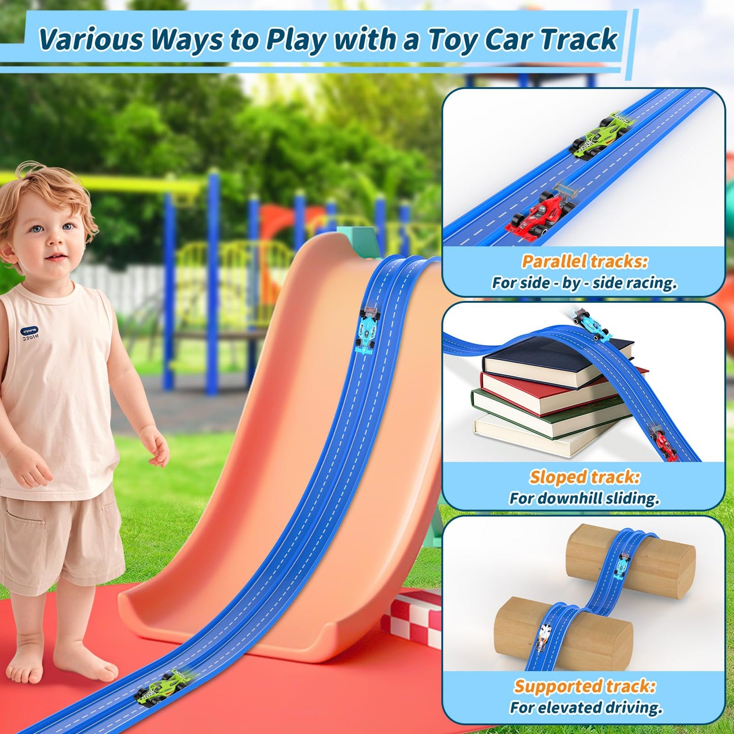 20Ft Flexible Race Track, Slot Car Race Track Set for Kids Ages 3+, Dual Racing Game 2 High-Speed Cars 1/64 Scale, w/8 Suction Cups, 4 Alloy Cars– Ideal Easter Birthday Gift for Boys & Girls (Blue)