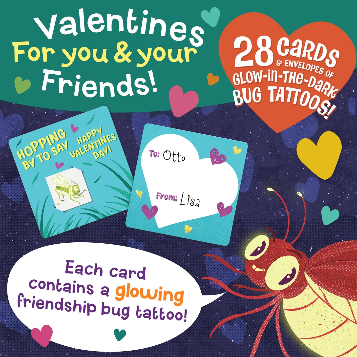 Valentine's Day Gift for Kids, Fun Party Favors for Classroom, Goodie Bag Stuffers - 28 Glow in the Dark Bug Tattoos