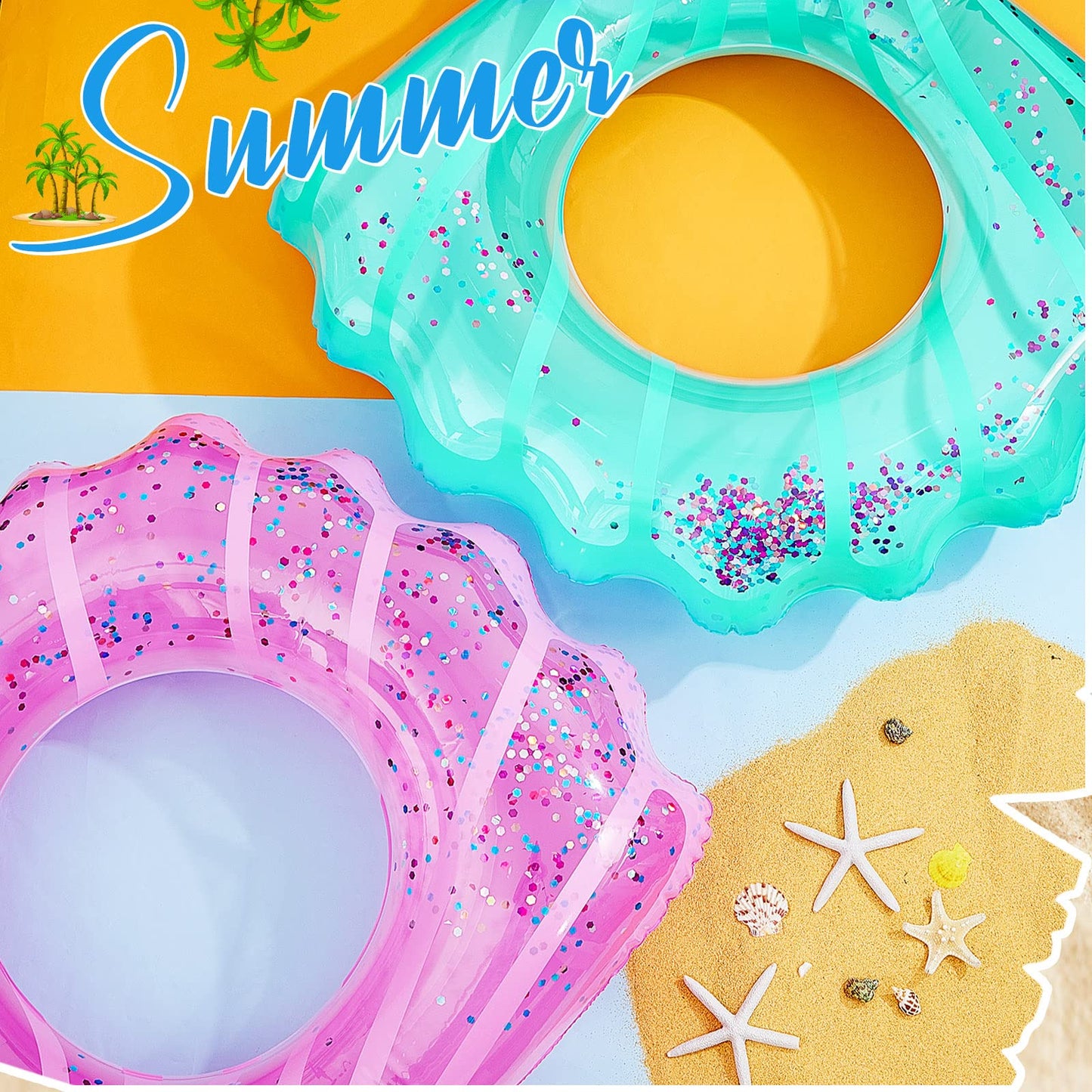 Juexica 2 Pack Shell Swim Rings for Kids Inflatable Seashell Pool Float Children Swimming Floatie Glitter Confetti Swim Tube Summer Beach Party Decorations for Kids Toddlers Teens(Pink,Blue)