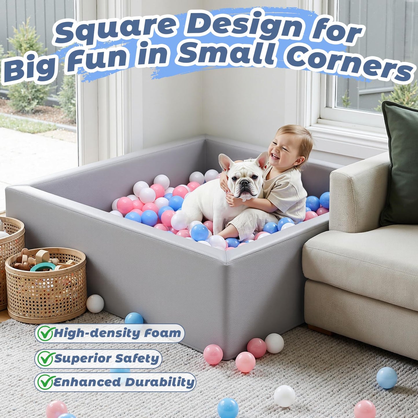 Leather Foam Ball Pit for Toddlers: Waterproof Baby Ball Pit with Soft Memory Foam - Large Soft-Play Set for Baby Playpen Indoor Outdoor Games - Ideal Gifts Toys for Boys Girls (Rectangle)