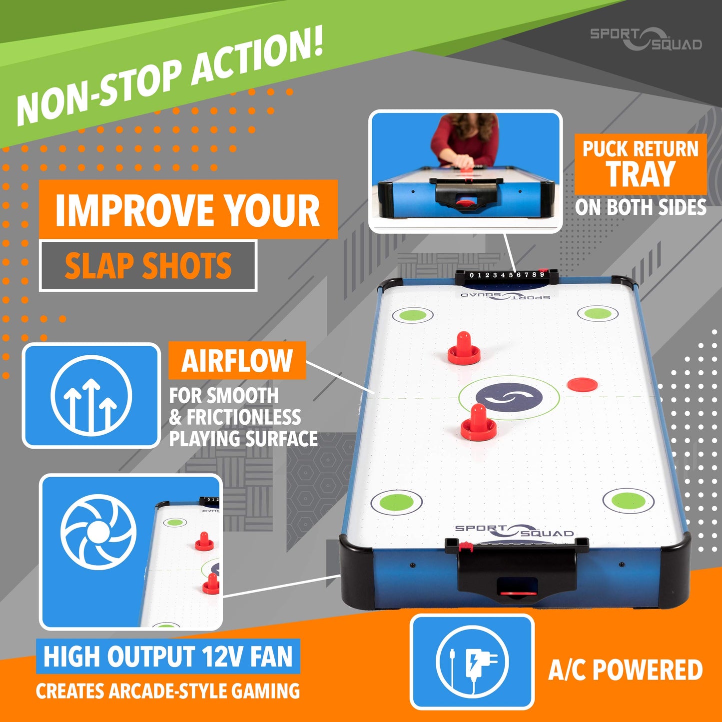 Sport Squad HX40 40 inch Table Top Air Hockey Table for Kids and Adults - Electric Motor Fan - Includes 2 Pushers and 2 Air Hockey Pucks - Great for Playing on The Floor, Tabletop, or Dorm Room