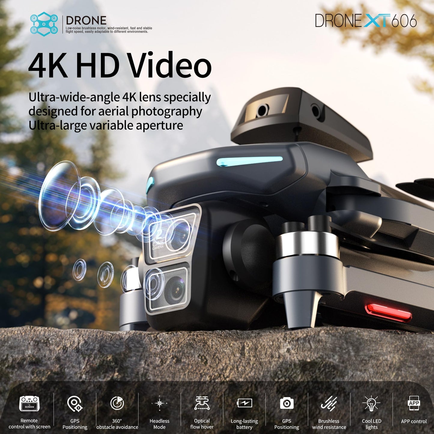 XT606 GPS Drone with camera for adults 4k, 4.3" HD Screen on Controller, 60 Mins Flight Time, Long Range Transmission, Follow Me, Auto Return, Brushless Motor, Obstacle Avoidance, Lightweight and Foldable Quadcopter for Beginner Birthday Gifts Toy