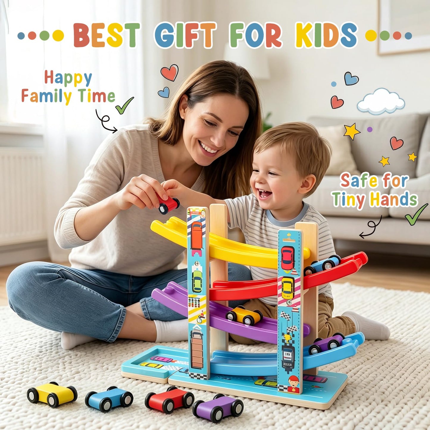 Montessori Toys for Toddlers, Children Race Track Toy with 4 Cars and 1 Wooden Parking Lot, Stable Base, Car Ramp Toy for 1 2 3 Year Old Boy Girl Gifts