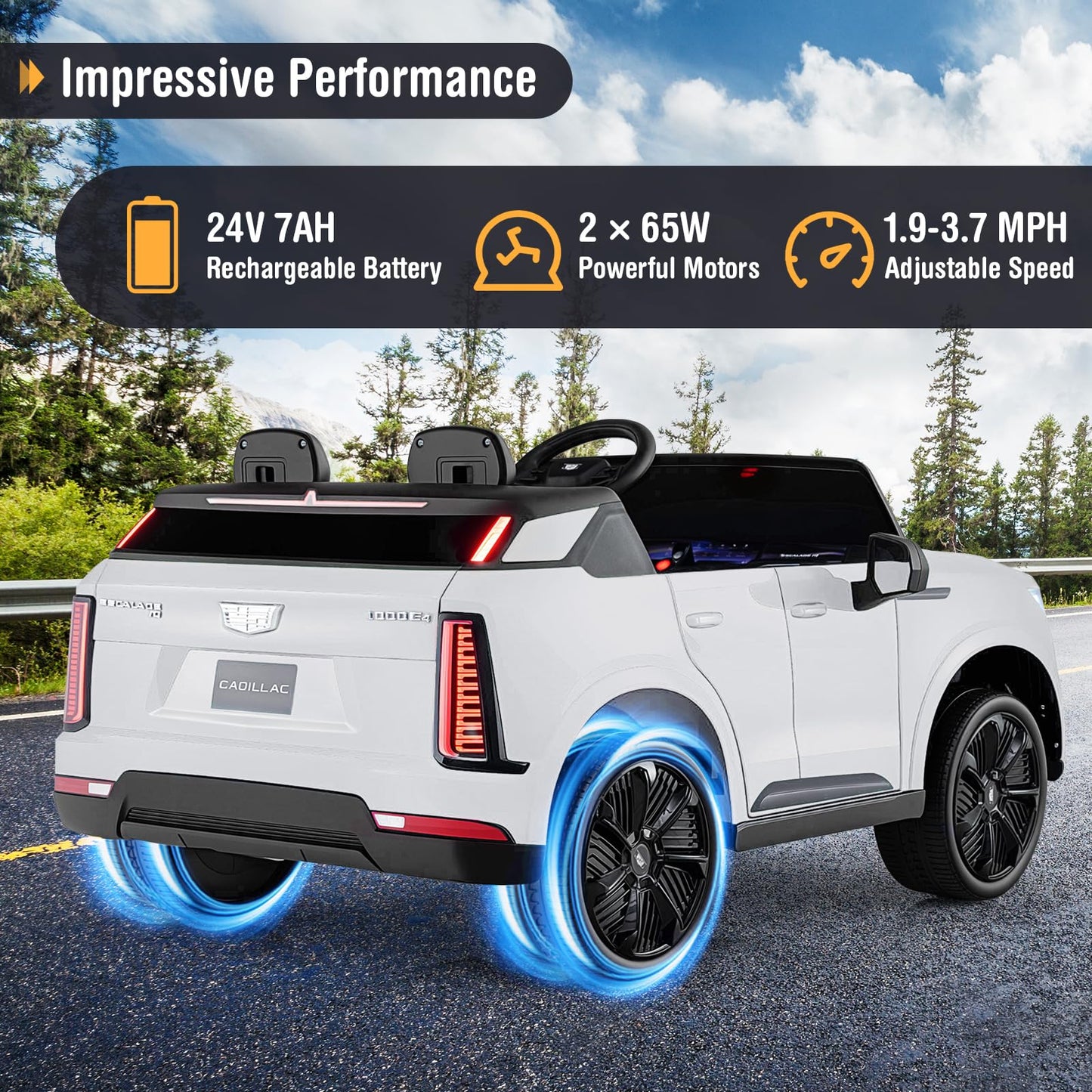 Costzon 2 Seater Ride on Truck, 24V Licensed Cadillac Kids Car Electric Vehicles w/Remote Control, 3 Speeds, LED Lights, Horn, Music, Story & 4-Wheel Spring Suspension, Ride on Car Toy for 3+ (White)