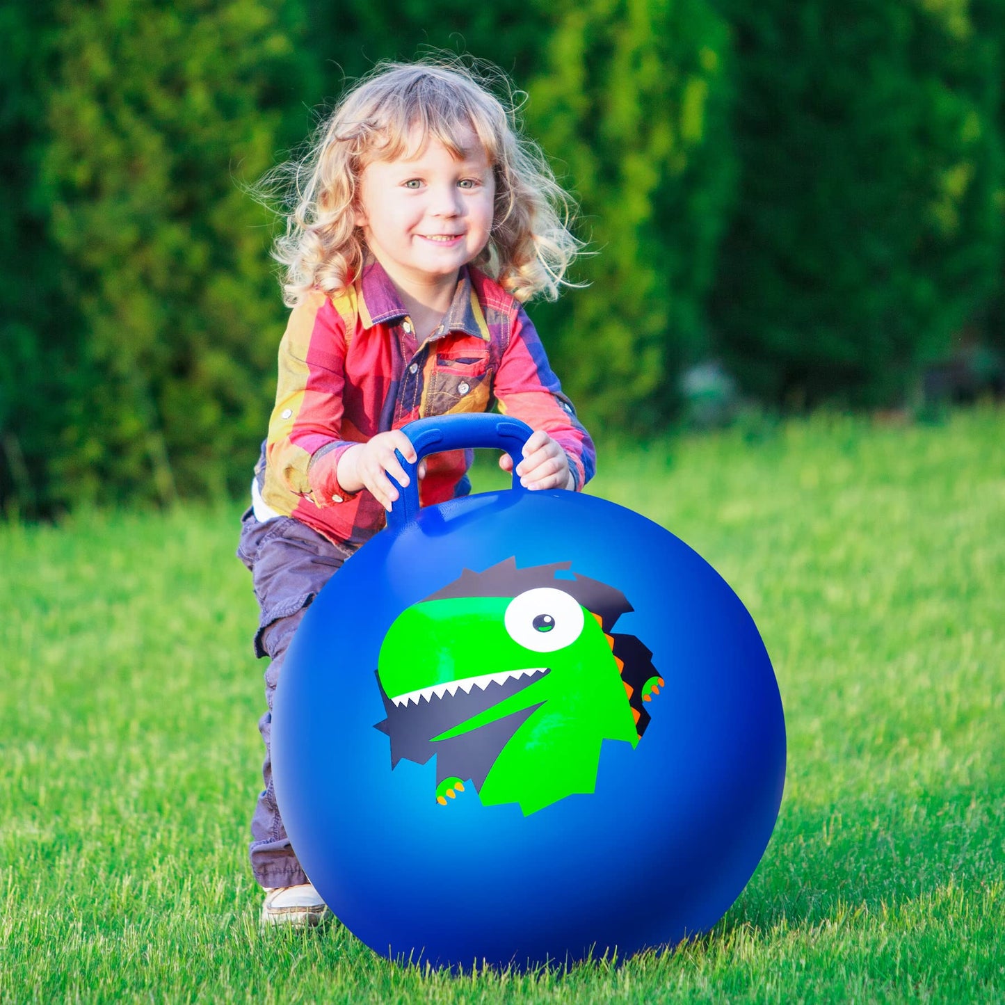ZOOJOY Hopper Ball, Hopping Toys for Kids, 18inch Bouncy Ball with Handle for Boys Girls Aged 3-8, Inflatable Dinosaur Bounce Hopper Toy with Pump