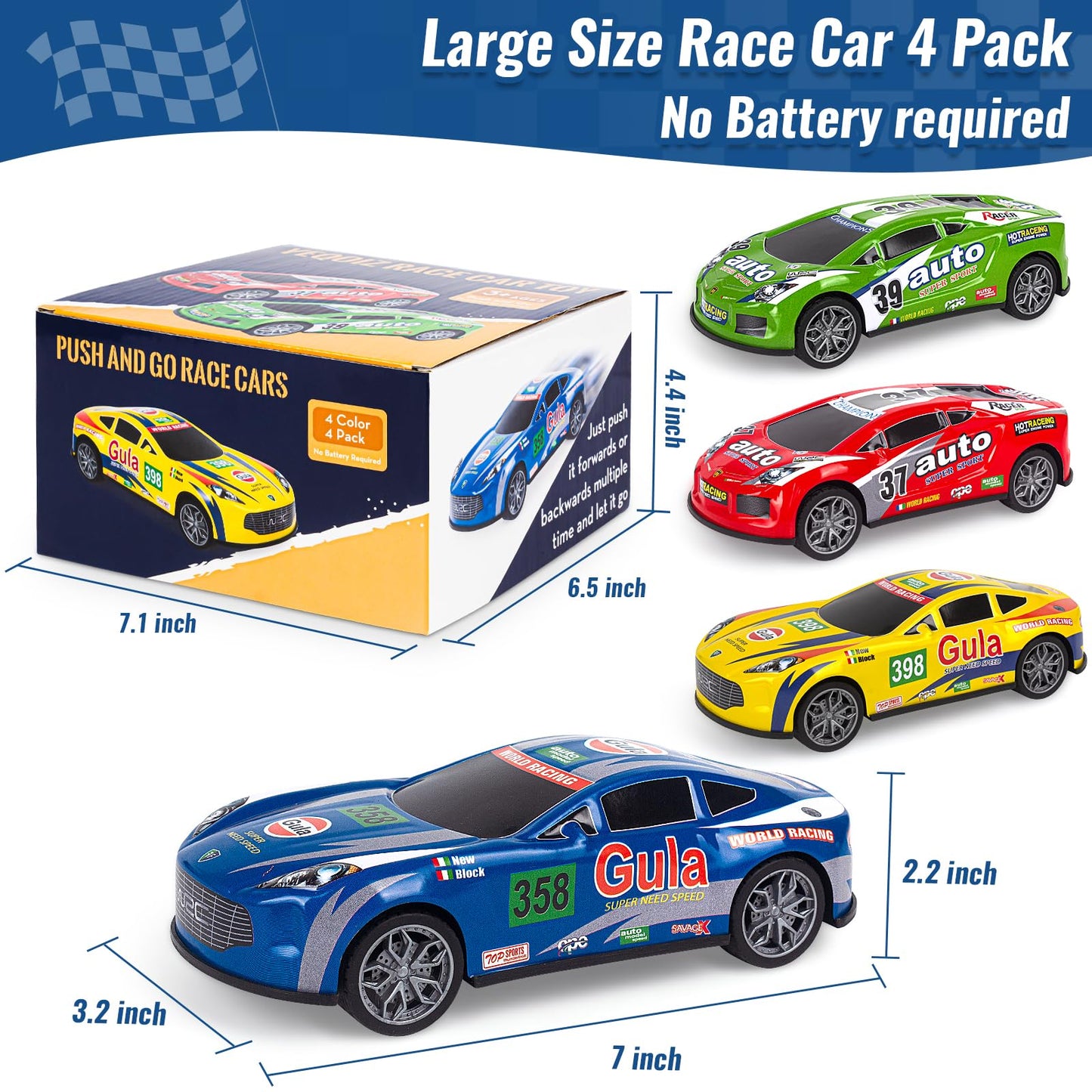7 Inch Friction Powered Car Toys Set 4 Pack Push and Go Pull Back Race Trucks Toy Cars for Toddlers 3 4 5 6 Year Old Boys Girls Kids Birthday Gifts