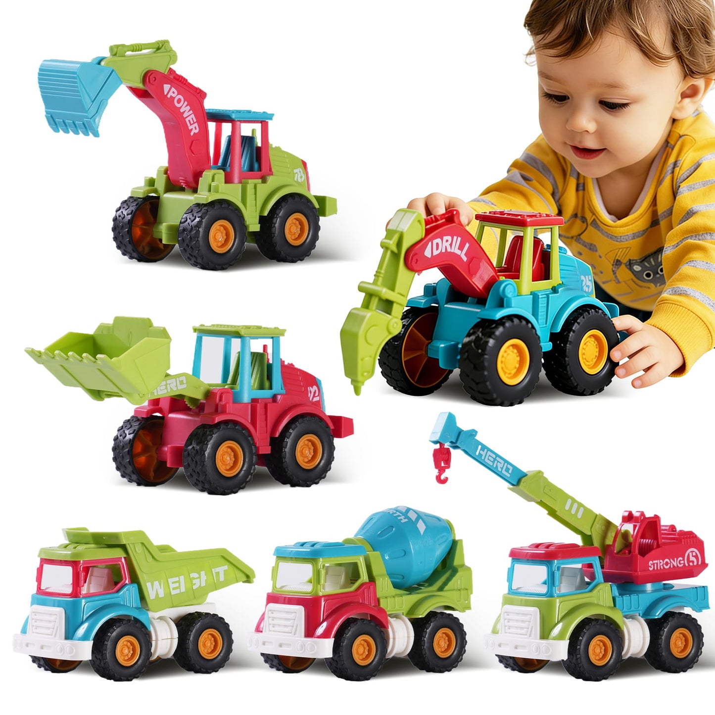 Cogwak 6 Pack Friction Construction Vehicles Toys for Boys, Push and Go Engineering Cars Set with Excavator Bulldozer Dump Truck Crane & Deluxe Gift Box, Christmas Birthday Gift for Toddlers Kids 3-8