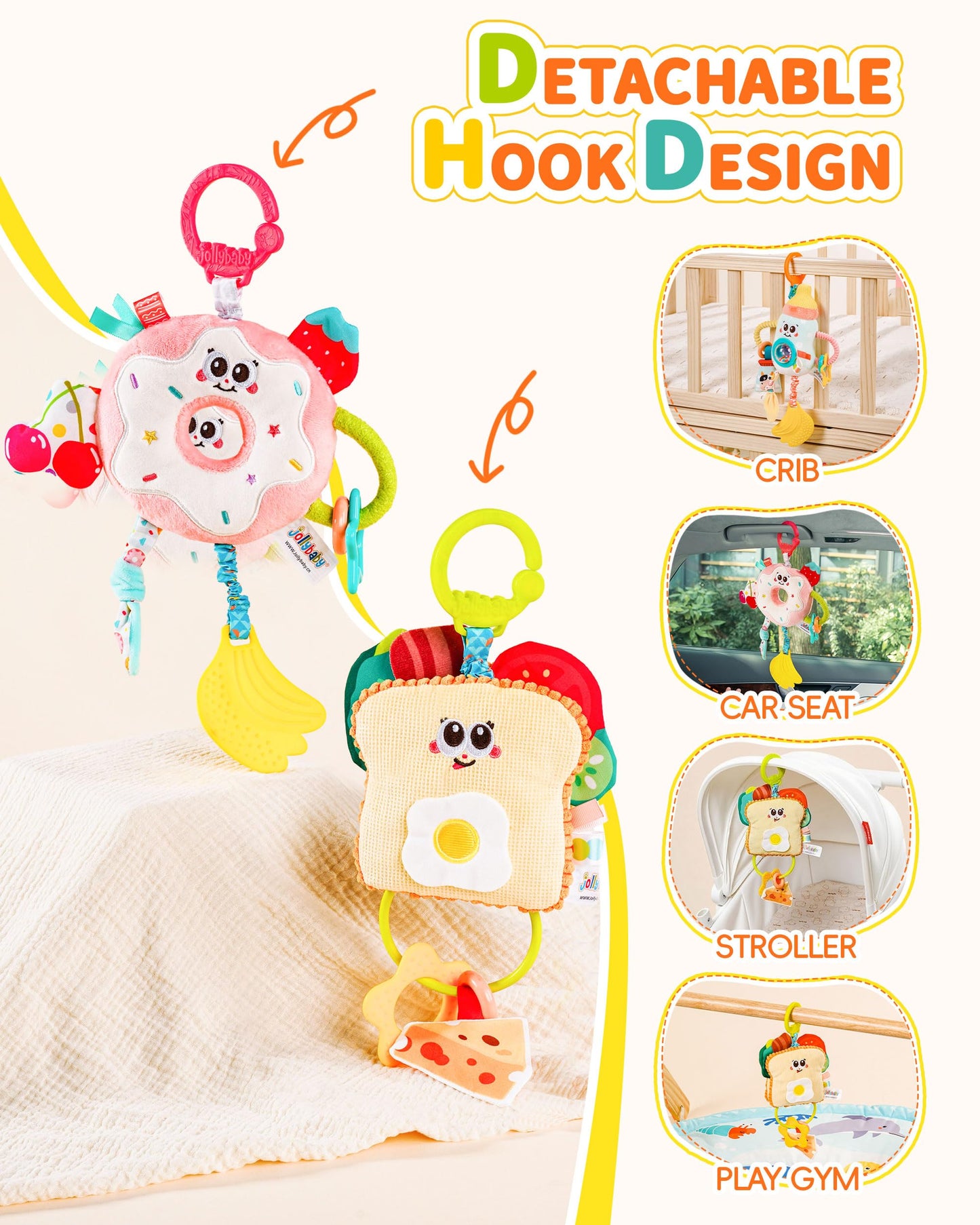 Jollybaby Baby Pull Vibration Toy - Tummy Time Sensory Hanging Toys for Car Seat, Stroller, Crib & Play Gym, with Babies Rattles & Teether, Airplane Travel Toys for Toddlers Gift - Donut