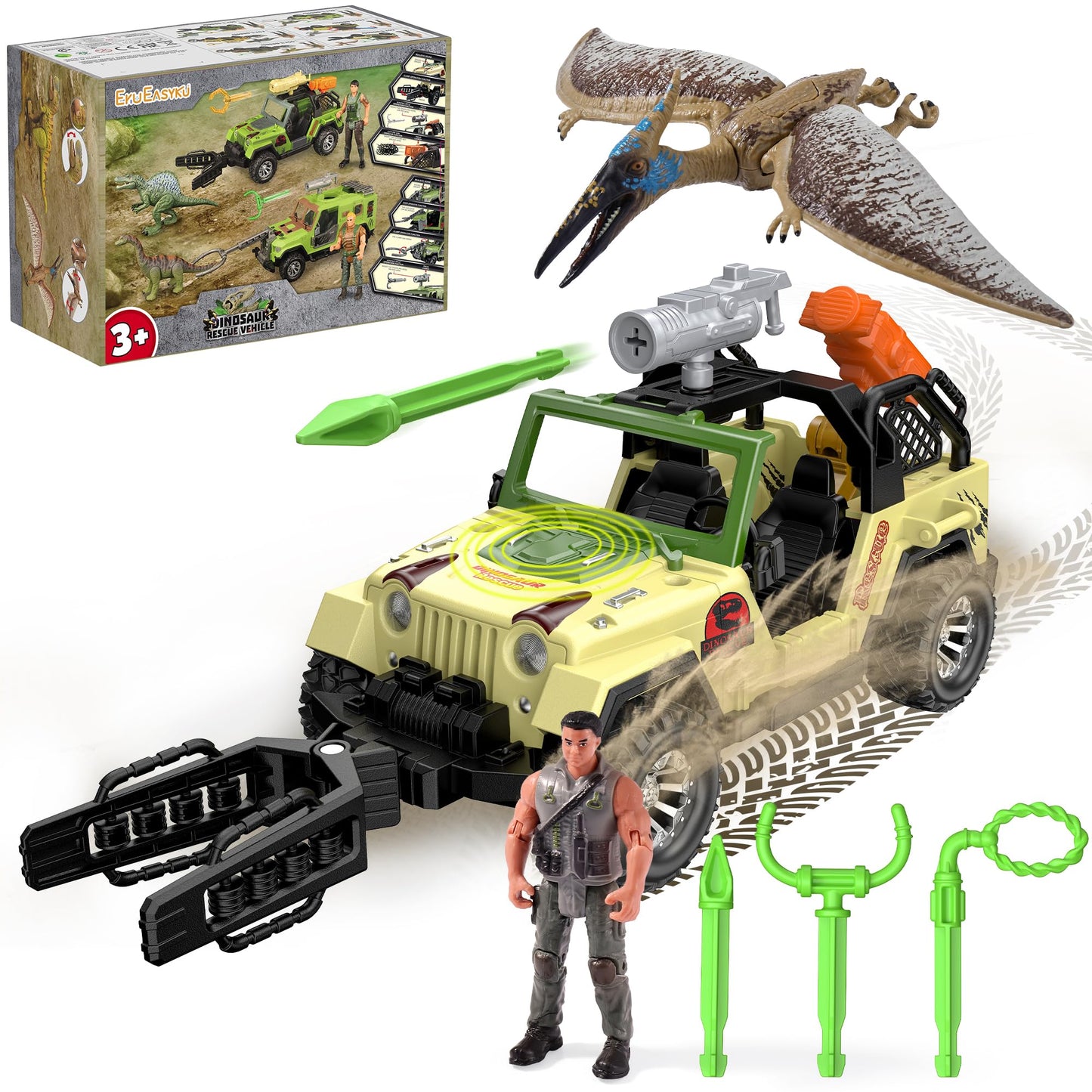 EKU Dinosaur Toys Truck with Human, 10 Realistic Sounds, 15ft Launch, Capture Net, Clamp, Wing Flapping Quetzalcoatlus Dino for Jurassic World Role Play Adventure Rescue Set Birthday Gift for Kids 3+