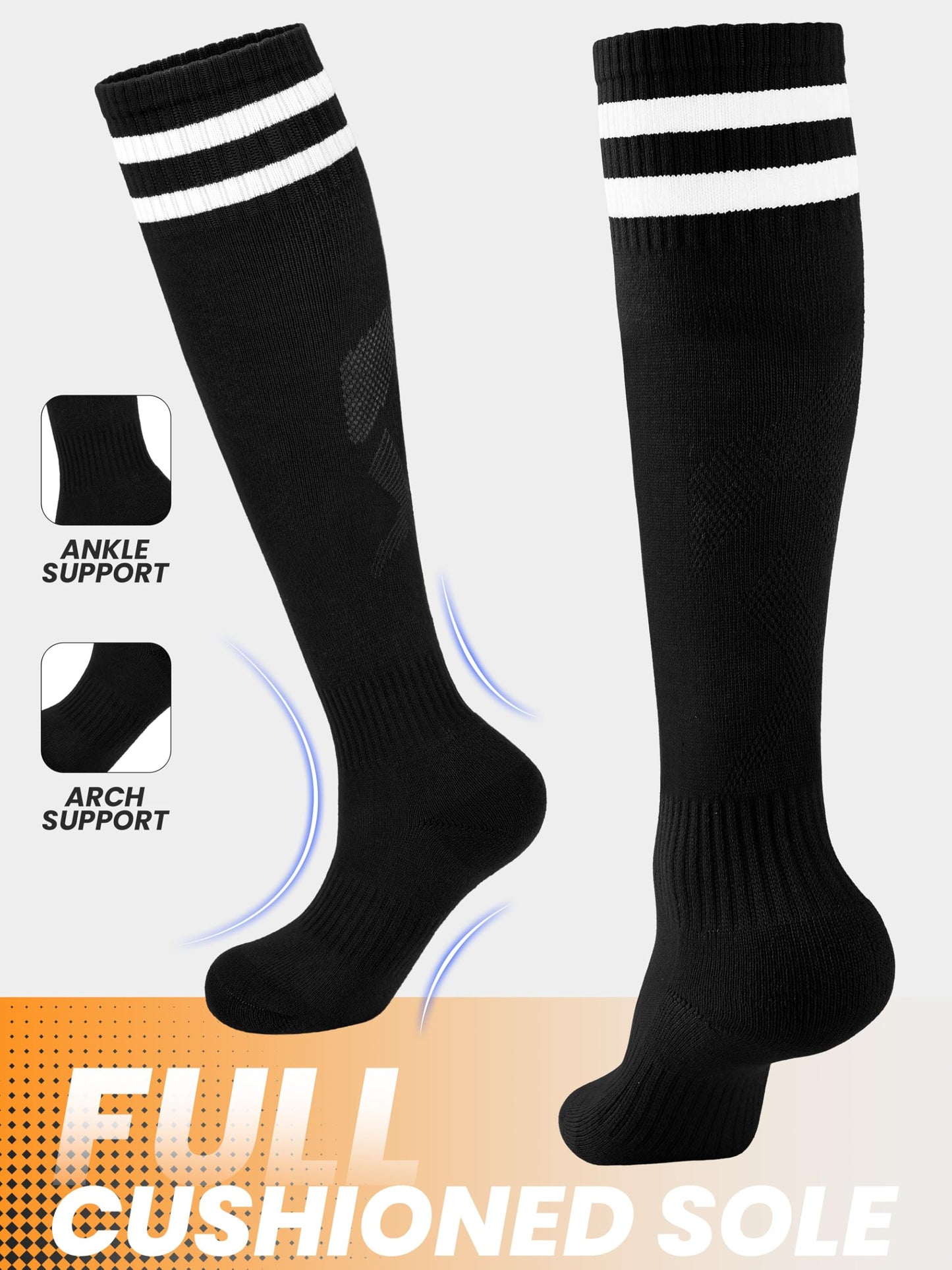 Hryrbay 4 Pairs Kids Cotton Soccer Socks Cushion Striped Baseball Uniform Boys World Cup Sock Toddler Girls Knee High Socks (Black,3-6 Years)