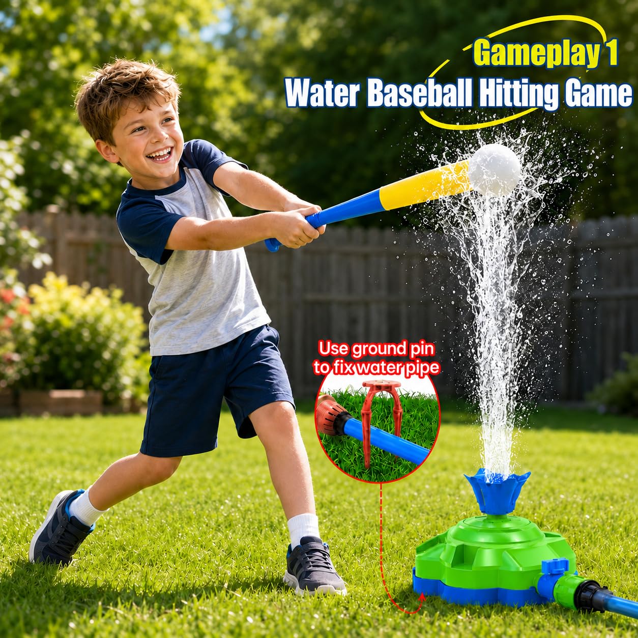 JKJRJJ 4-in-1 Water Sprinkler Toy for Kids,Backyard Outdoor Water Toys with Water-Spraying Rocket, Baseball Game, Rocket Launcher, Spinning Spray,Summer Yard Water Toys for Boys Girls Ages 4-12