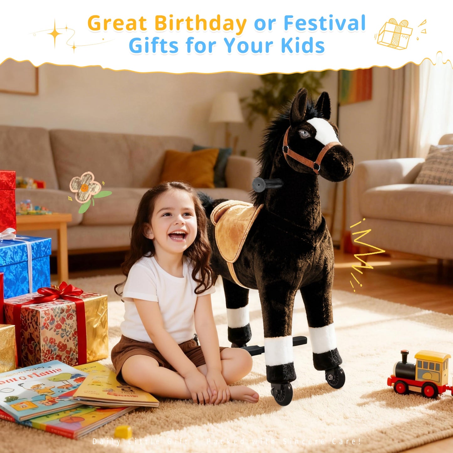 Ride on Horse for Big Kids, Horse Ride on Toy for 4 to 9 Years Old, (35.8'' Height) Riding Horse Rider Mechanical Walking Action Plush Animal, No Battery or Electricity, Max Load 165LBS - Brown
