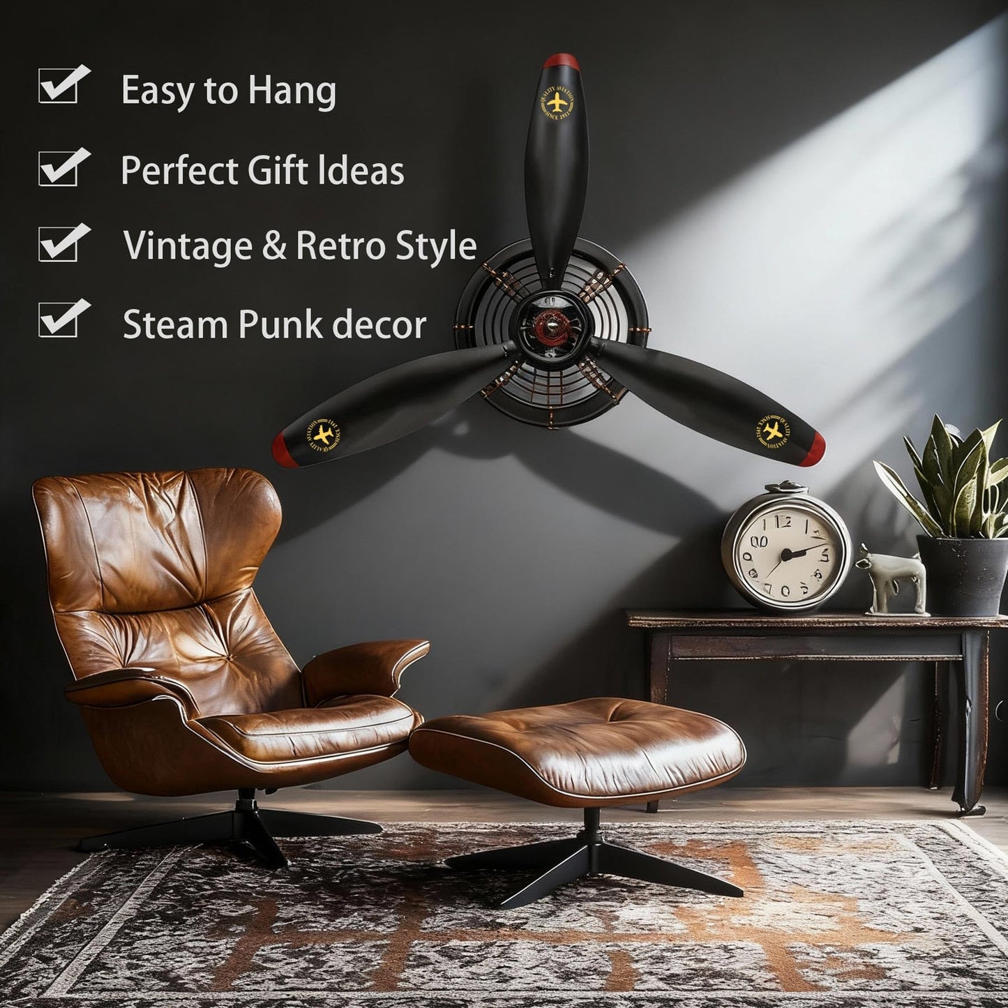 GLOWMIRTH Airplane Wall Art,Aviation Décor,Unique Wall Sculptures,Pilot Gifts,Steampunk Metal Art for Kitchen, Bedroom, Living Room,Cool Clocks Battery Operated,Black