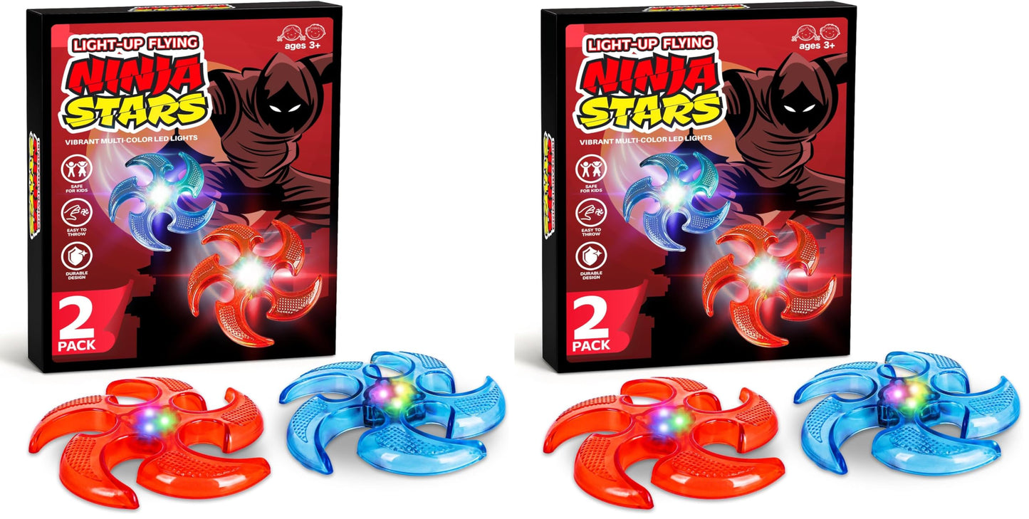 ArtCreativity Light Up Flying Ninja Stars Set, 2 Rubber Throwing Stars with Batteries, Interactive Ninja Kids Toys for Tossing, Games, 2 Colors, Gift for Kids Red and Blue Stars (Pack of 2)