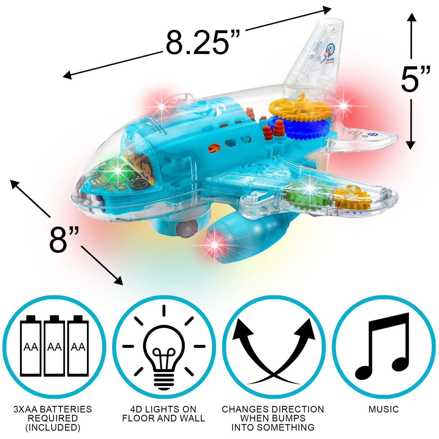 ArtCreativity Light Up Transparent Airplane & Car Toys: Bump and Go Fun with Moving Gears, Music, LED Effects, Ages 3+, Great Birthday Gift Ideas (2PC Set)