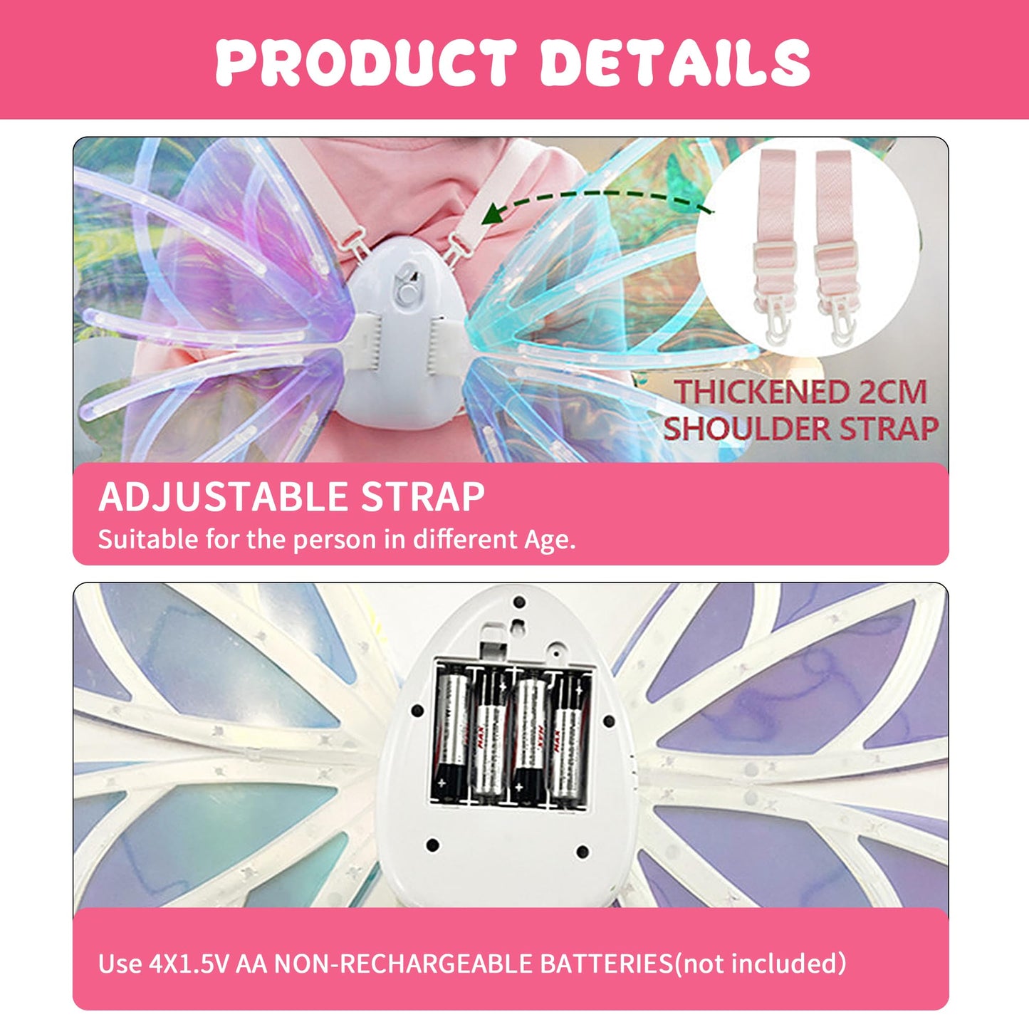 ONEVIVE Electric Fairy Wings for Girls, LED Light Up Butterfly Wings With Music Princess Angel Costume Christmas Party Dress Up Thanksgiving Gift for Girls 4 5 6 7 8 9 Year Old