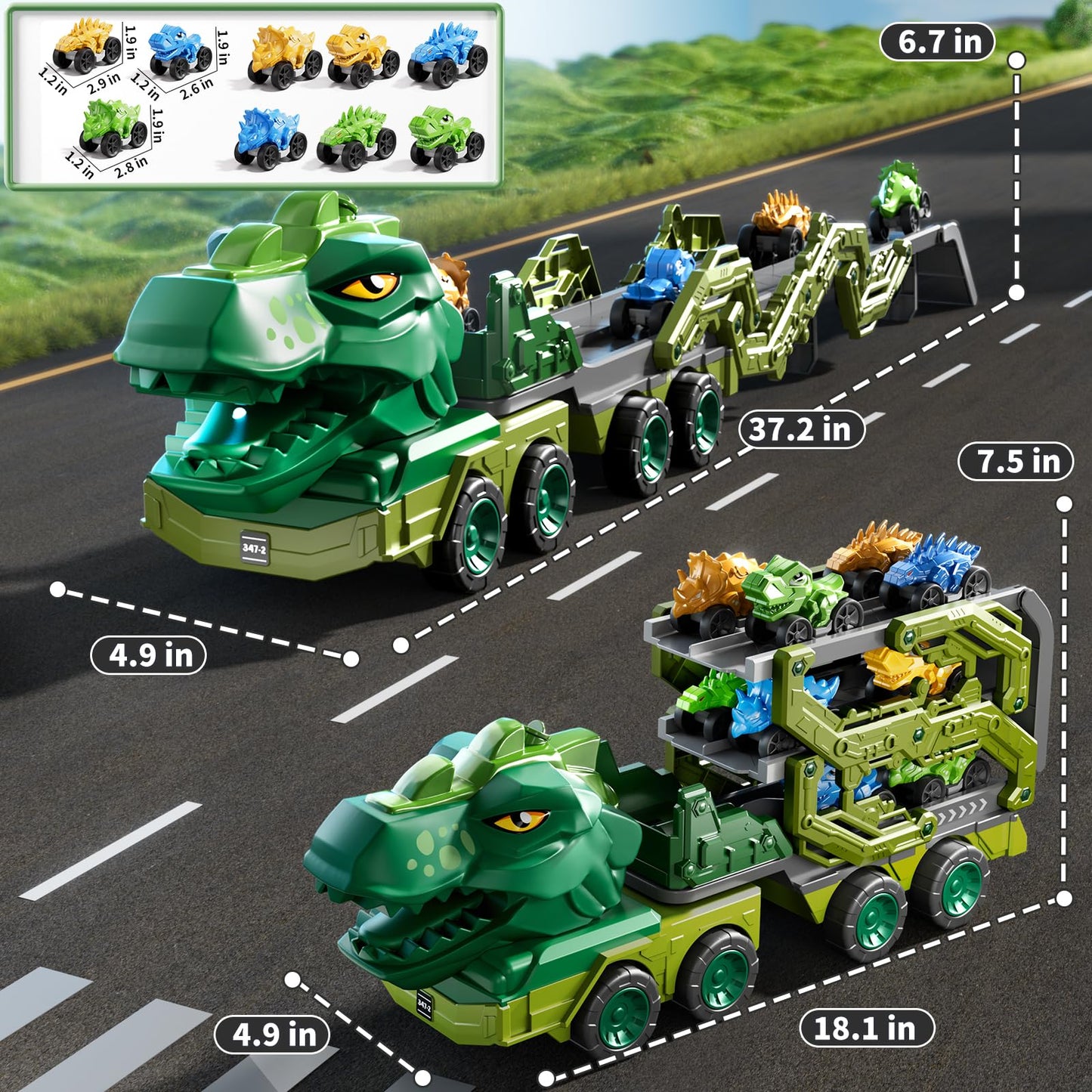 PEADUCK Toddler Car Truck Toys for Kids Ages 3-5, 10-in-1 Dinosaur Carrier Truck with Foldable Track Toys with Spray, Light & Sounds and 9 Dino Cars, Birthday Gift for 3 4 5 6 7 8 Years Old Boys Girls