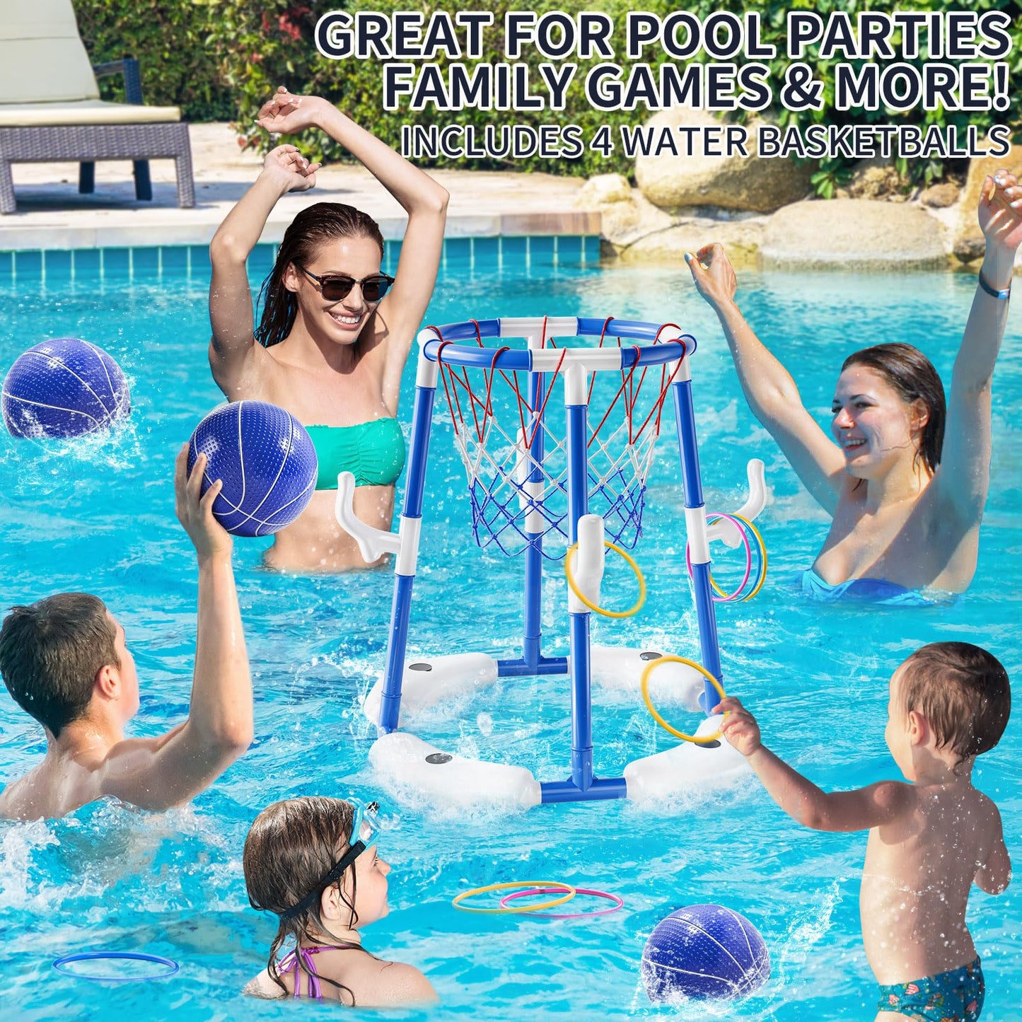 NIPLOOOW Pool Basketball Hoop, 4-in-1 Floating Pool Toys Ring Game with 4 Balls, Air Pump Launcher and Sticky Balls, Outdoor Swimming Pool Basketball Game Water Toy Family Party for Kids Age 3-12