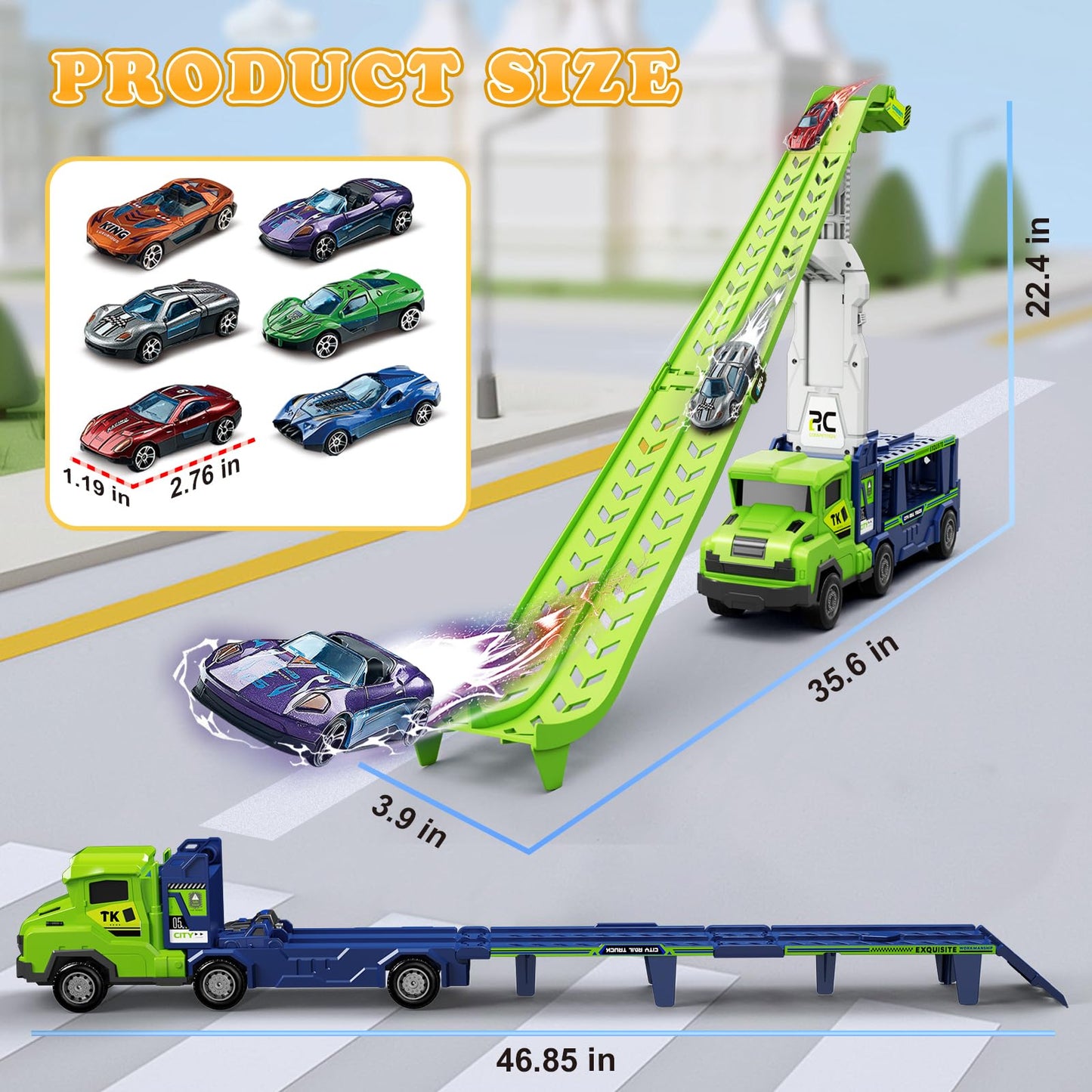 Truck Car Toys for 3, 4, 5, 6, 7, 8 Years Old Kids, Carrier Truck Race Track Toys, Foldable Transport Car Toys with 2 Foldable Race Tracks, 6 Metal Cars, Birthday Gifts for Toddler Boys Girls