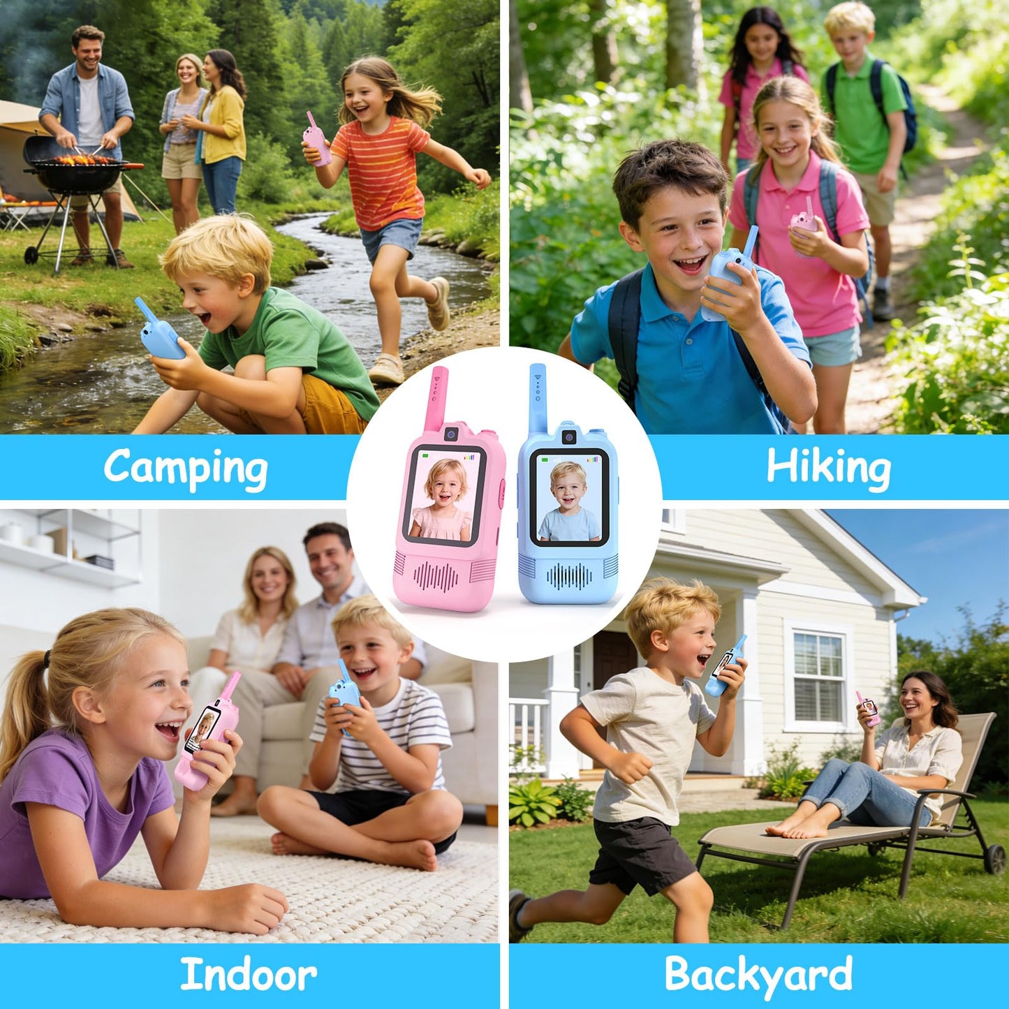 Video Walkie Talkies for Kids with Front and Rear Cameras, 2 Pack Long Range Rechargeable Kids Walkie Talkies with Video Call, Walkie Talkies Toy Gift for Indoor Outdoor Camping Hiking Boys Girls