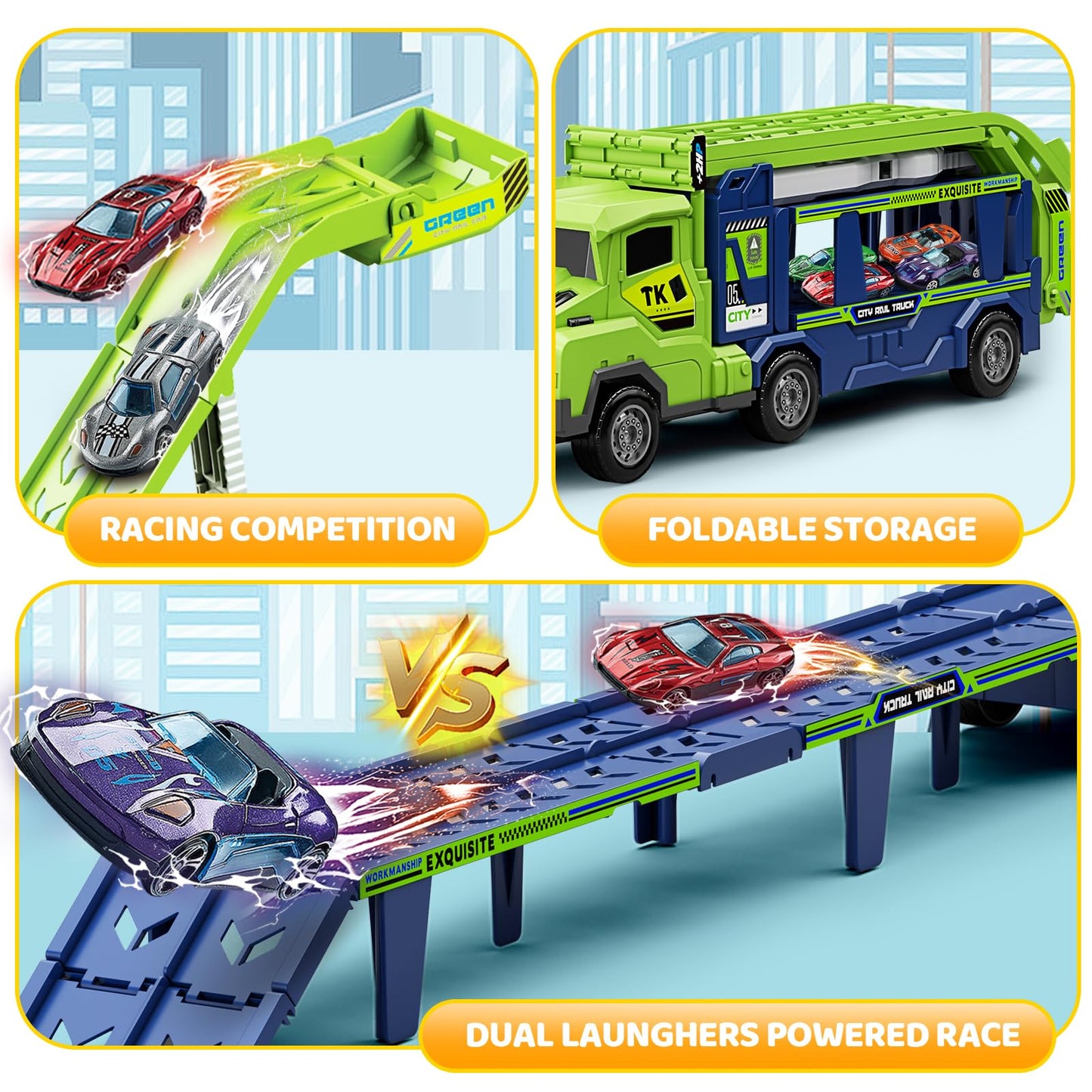 Truck Car Toys for 3, 4, 5, 6, 7, 8 Years Old Kids, Carrier Truck Race Track Toys, Foldable Transport Car Toys with 2 Foldable Race Tracks, 6 Metal Cars, Birthday Gifts for Toddler Boys Girls