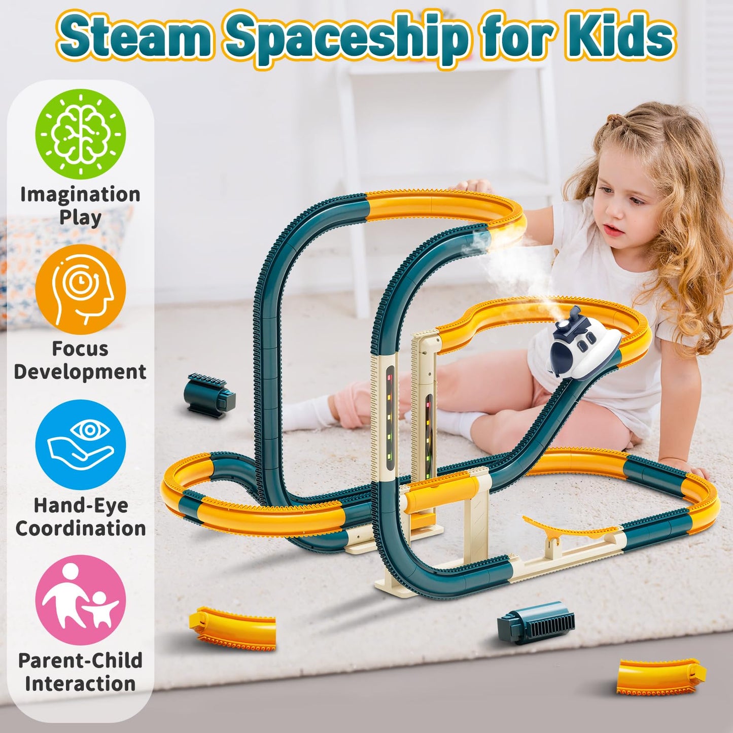 Infowush Electric Race Track Car Toy, DIY Flexible Steam Aircraft Track for Toddlers with Smokes & Lights, Kids Train Set Toys for 3 4 5 6 7 8 Year Old Boys Girls Christmas Birthday Party Gift, Large