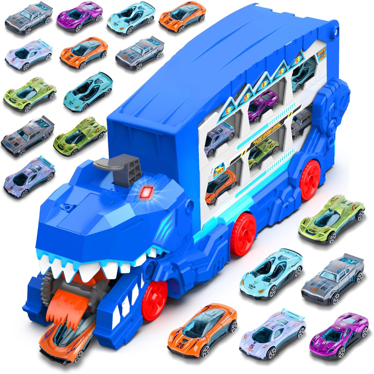 Dinosaur Transport Car Race Track Toy Set for Kids - Monster Carrier Truck Toys for Age 3 4 5 6 7 8 9 10 11 12 Years Old Boy Christmas Birthday Gifts with Die-Cast Metal Toy Cars, Light & Sound