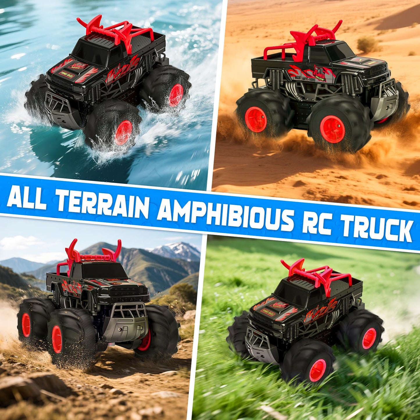 BainGesk Remote Control Monster Truck Toys, 1:16 Amphibious Waterproof RC Car, 2.4GHz 4WD All Terrain Toys with 2 Rechargeable Batteries, Off-Road Truck Gifts for 6 7 8 9 10 11 12 Year Old Boys