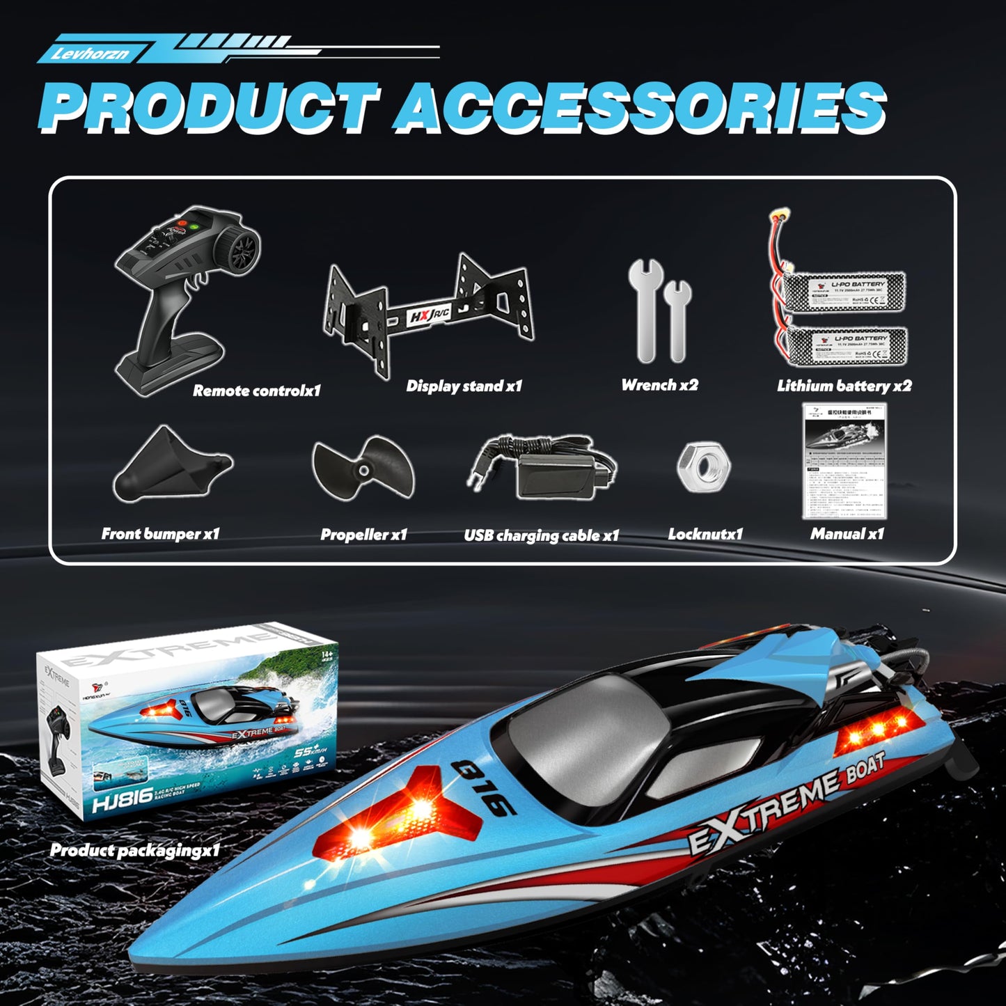 Levhorzn 34+MPH Brushless RC Boat for Adults & Kids with 2 Rechargable Batteries- Large 19” Remote Control Boat Toy, HJ816 Rc Speed Boats for Lakes & Rivers (Cyan)