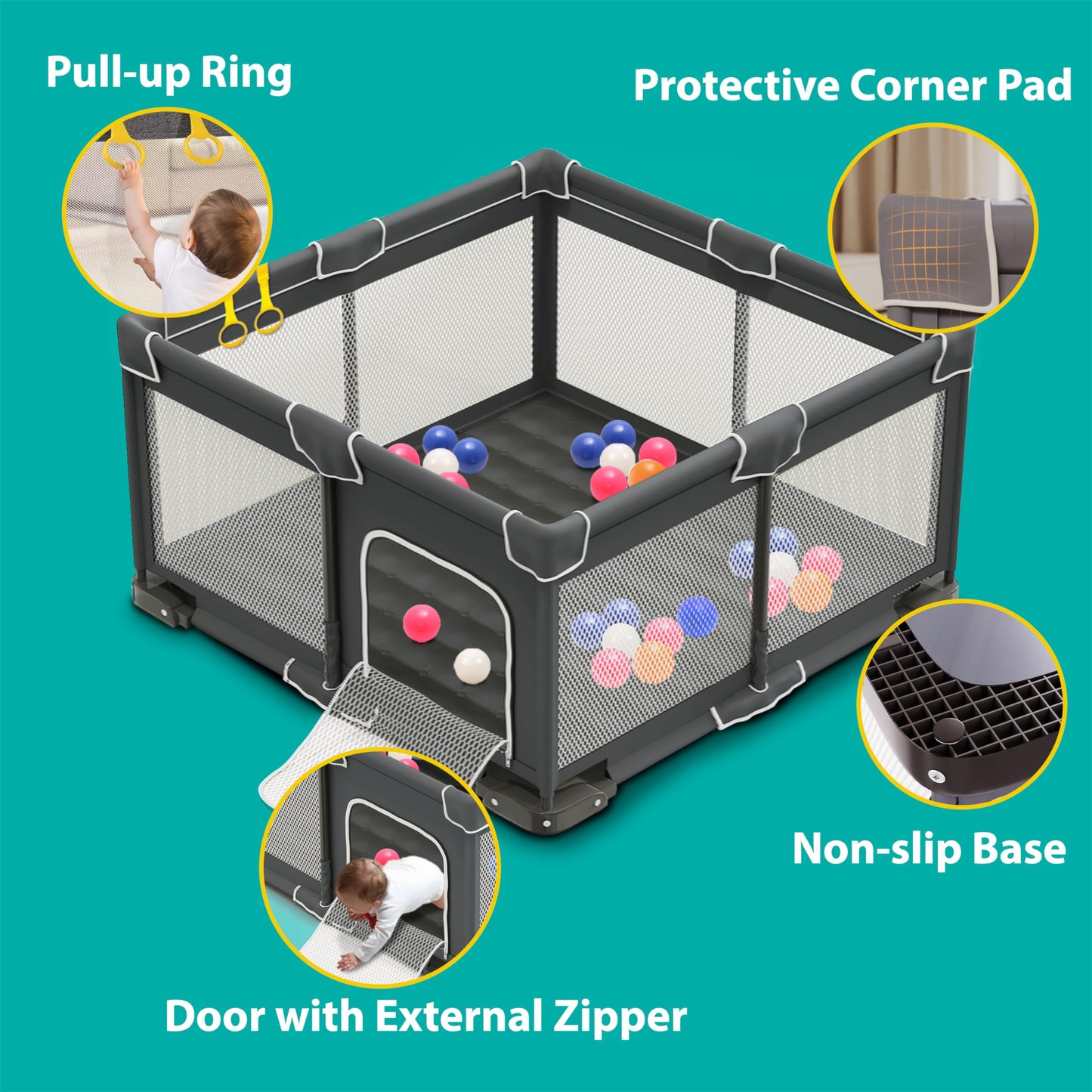 ICAREWAY Foldable Playpen for Babies and Toddlers, 50x50 Inches Portable Playpen, Kids Collapsible Play Pen with 2 Handlers, Indoor & Outdoor Baby Fence Play Area with Visible Mesh, Dark Gray