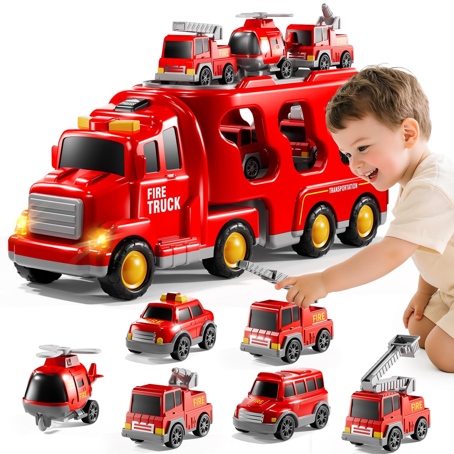 KIZONLY Fire Truck Toys for Toddler 1-3 3-5, 7-in-1 Fire Car Carrier Vehicle Set for Girls 1 2 3 4 5 6 Years Old, Transport Car with Light Sound, Birthdays Gifts for Kids Girls Aged 3-9