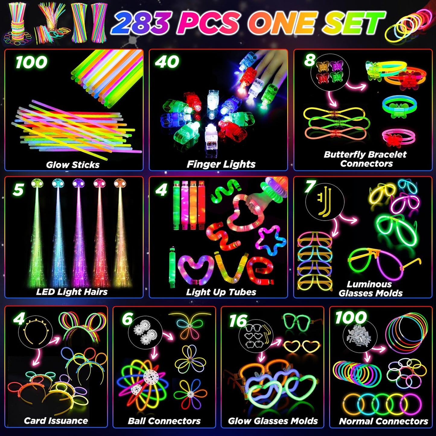 SHQDD Party Supplies, Glow in the Dark Party Favors for Adults Kids, 27 Carnival Accessories, 56 LED Light Up Toys Bulk, 100 Glow Sticks Party Pack, Neon Party Supplies & Decorations