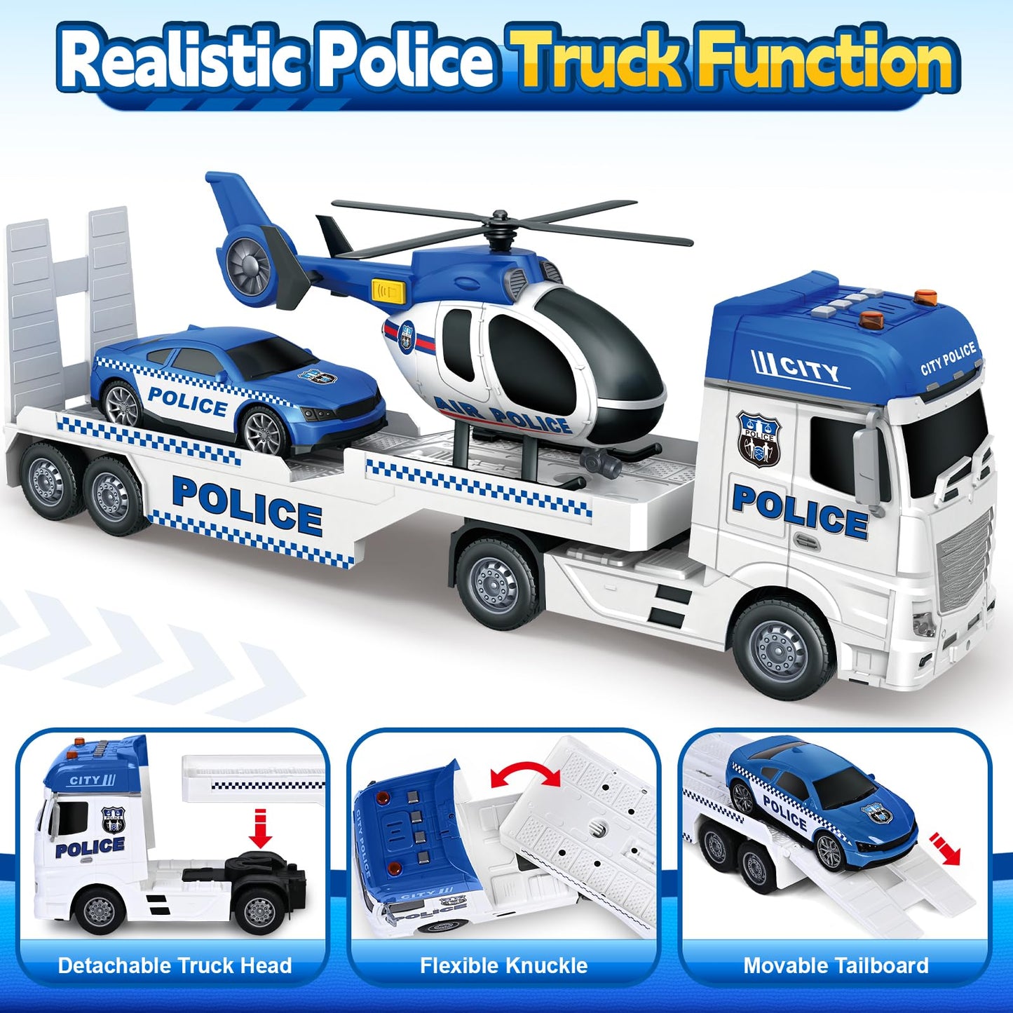 Kids Toys for 3 4 5 6 7 8 Years Old Boys, 25" Police Truck Toy with Racing Car and Helicopter, Toddler Friction Powered Truck Vehicle Toy with Lights, Sounds for Boys Girls Christmas Birthday Gifts