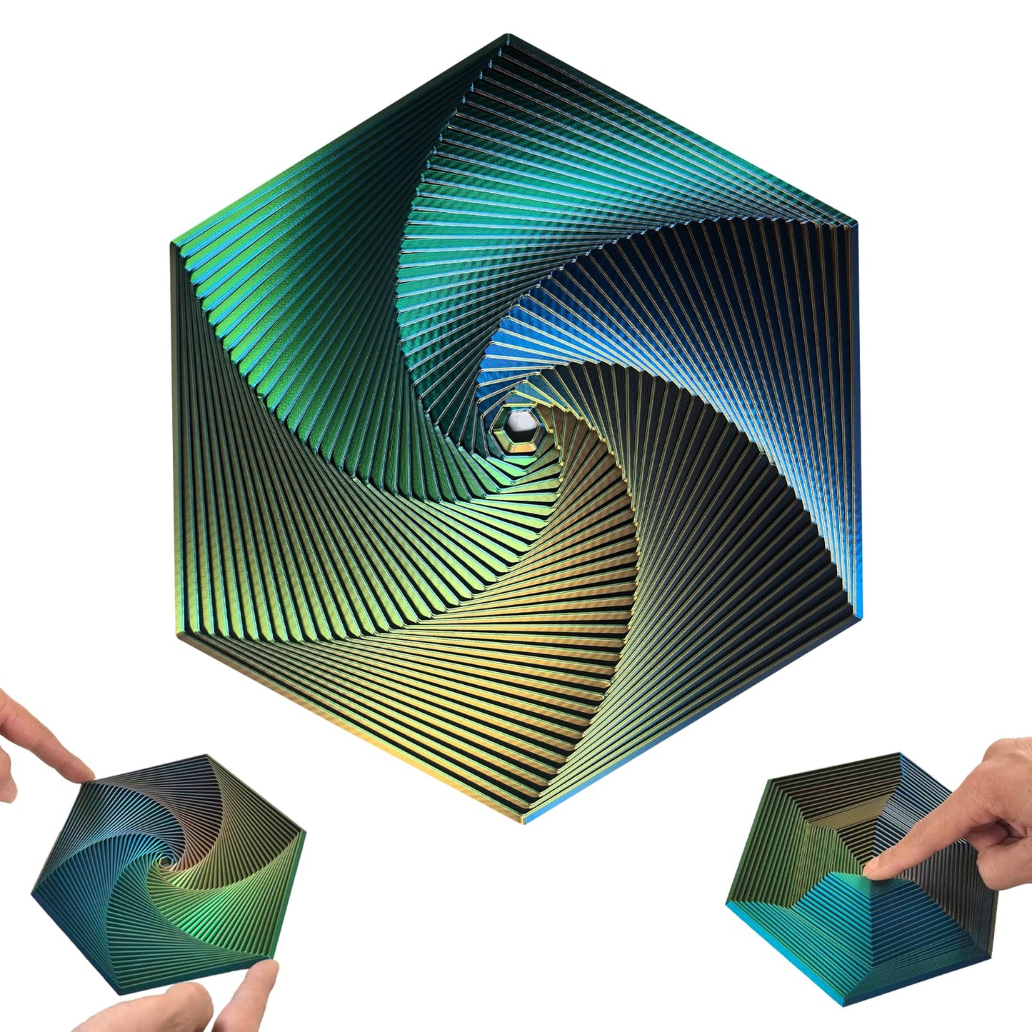 Fractal Fidget Hexagon, Kinetic Desk Spinning Toy, 35 Circles、5.9x6.69in, Used for Anxiety Disorder ADHD, Adult Office Visual Illusion fingertip Toys, 1 pc (Yellow-Blue-Green)