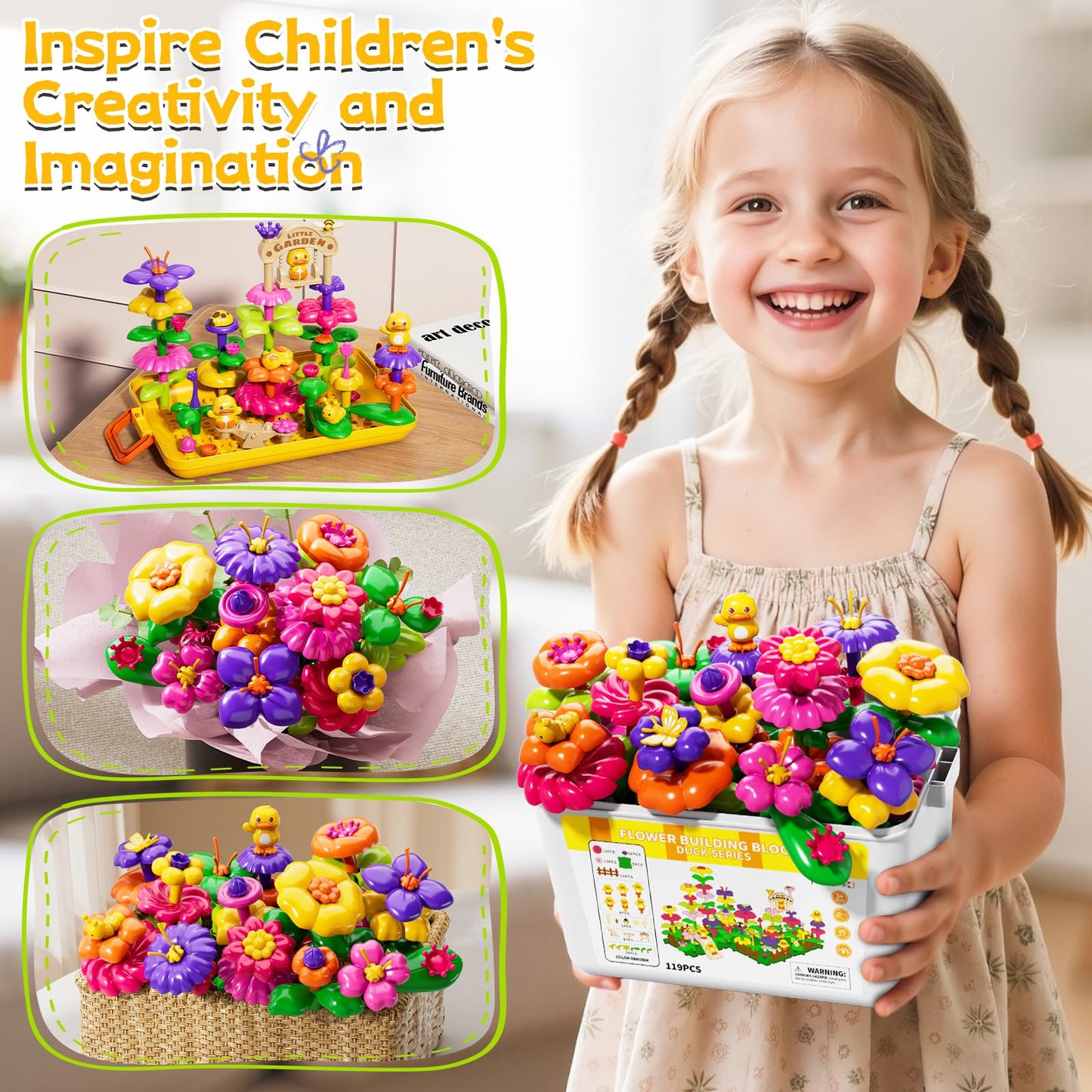 Novaluki Flower Garden Building Toys for Toddler 3 4 5 6 7 Years Old, 119Pcs DIY Stacking Toys with Storage Box, Kids STEM Preschool Educational Toy, Christmas Birthday Gift for Girls Ages 3-5