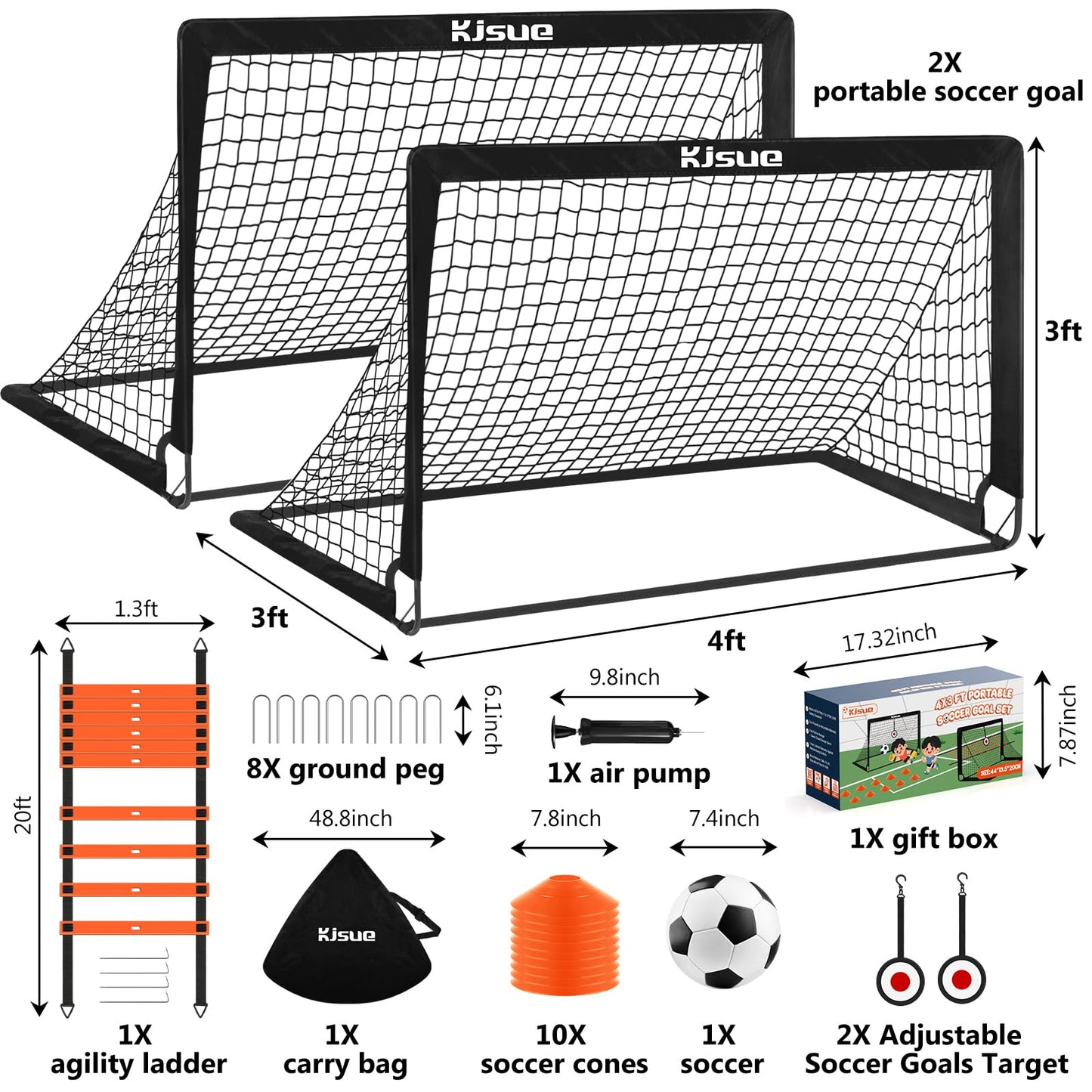 Soccer goal, Kids Soccer Goals for Backyard Set of 2, 4 x 3ft Soccer Net Training Equipment, Pop Up Toddler Soccer Goal for Outdoor Indoor Sports Games with Soccer Ball, Ladder, Cones, Targets (Black)