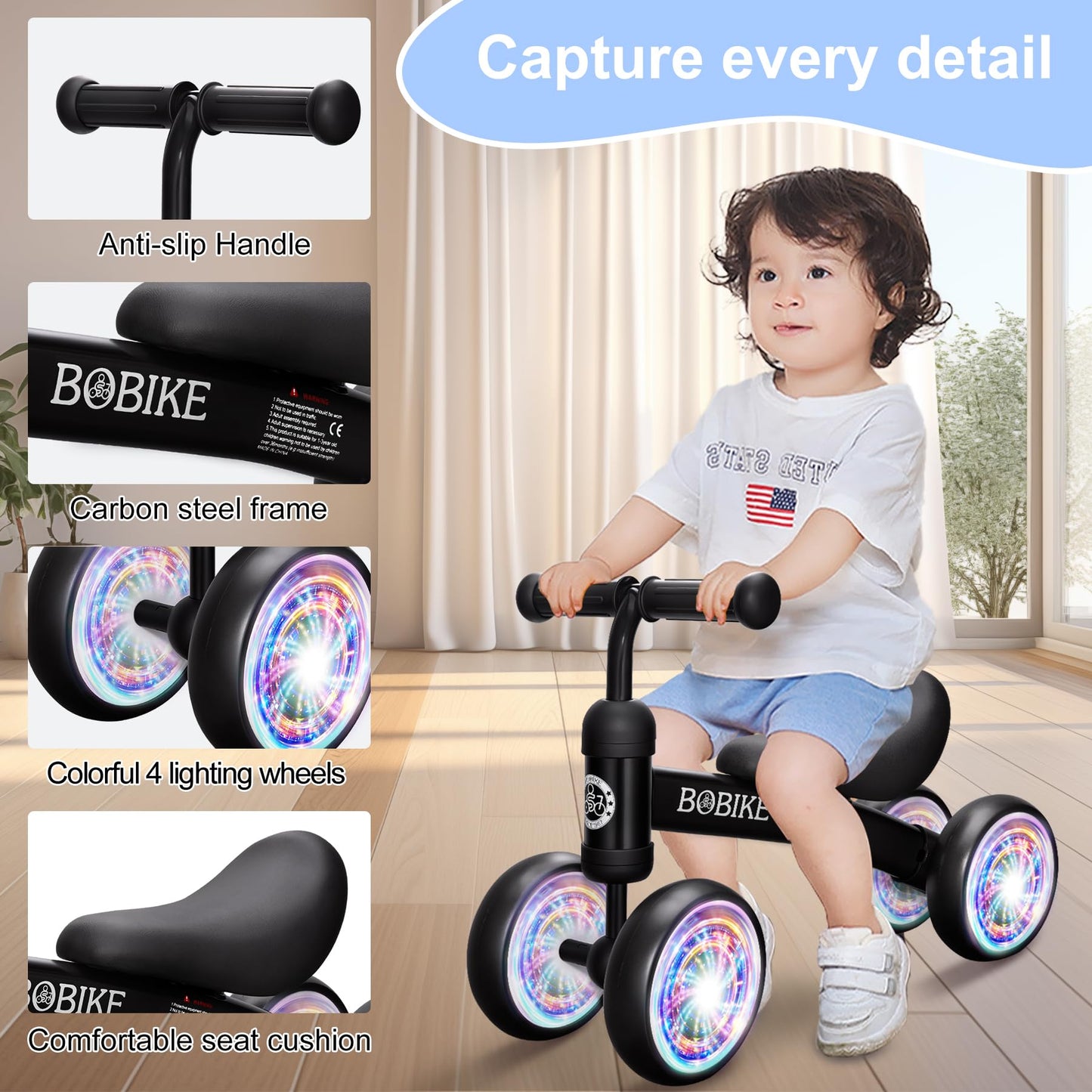 Bobike Baby Balance Bike Toys for 12-36 Months Kids Toy Boy and Girls Gifts Toddler Best First Birthday Gift Children Walker No Pedal Infant 4 Wheels Bicycle (Colorful, Black-Light)