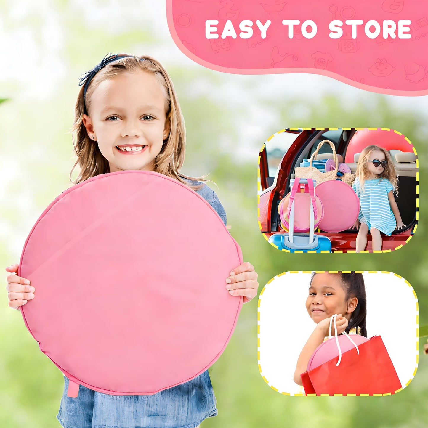DOOLMIN Pop Up Play Tent for Kids - Foldable Indoor & Outdoor Playhouse Vehicle Toys for Toddlers, Boys and Girls - 2 Openings, Flat-Folding for Compact Storage(Ice Cream Car,Pink)