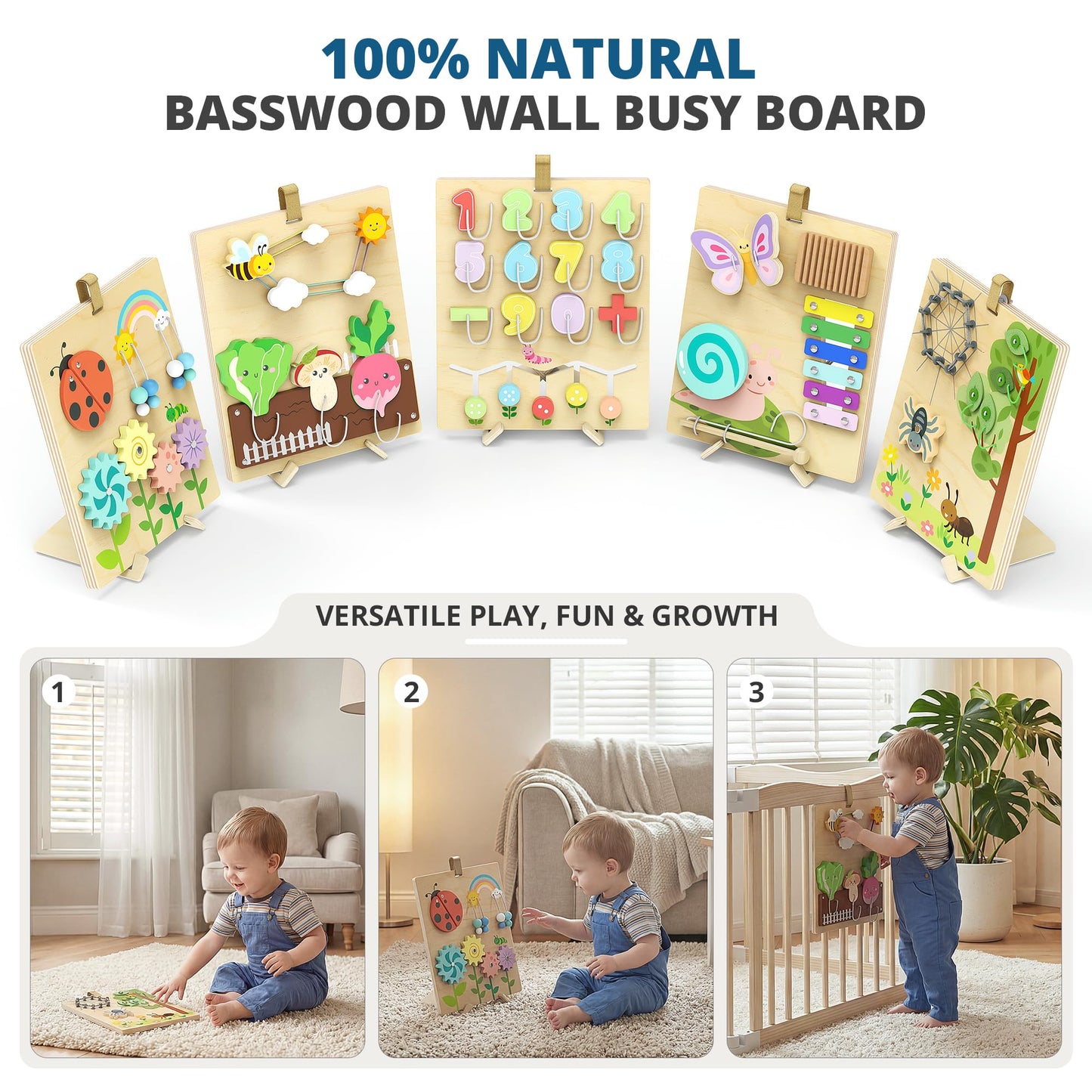 BlueWood Wooden Busy Board for Toddlers, 14-in-1 Montessori Philosophy Educational Toy, Activity Center Made from Basswood, No Drilling, Easy to Carry & Store