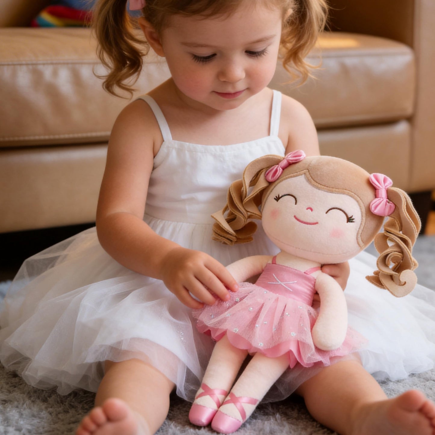 Gloveleya Baby Doll Gifts Plush Curly Hair Ballet Dolls Soft Girl Toys Pink 33CM