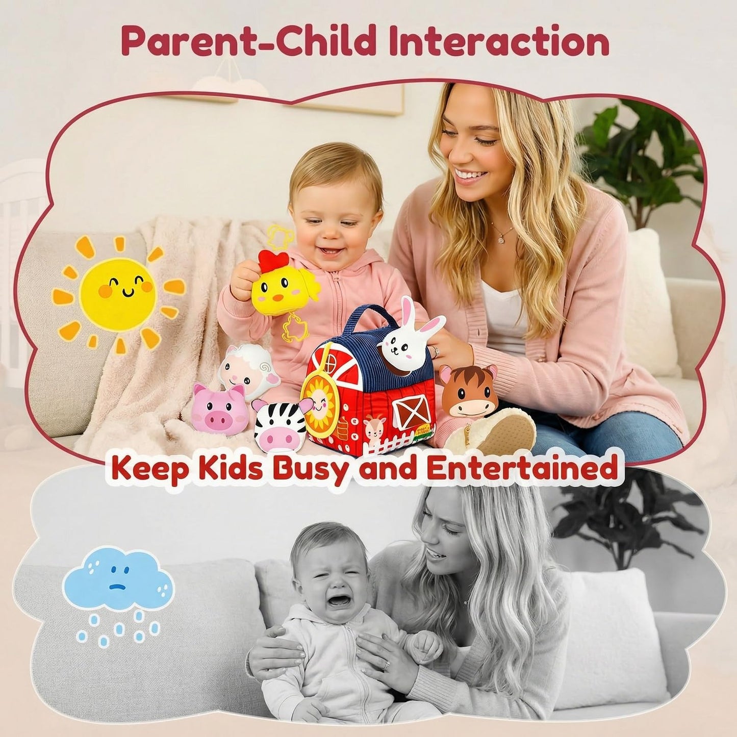 Baby Soft Toys 6-12 Months - Surprise Barn Stuffed Farm Animals House for Toddlers 1-3, Montessori Sensory Plush Toys for Infants, Rattle, Crinkle, Baby Learning Plush Toys for Babies Tummy Time
