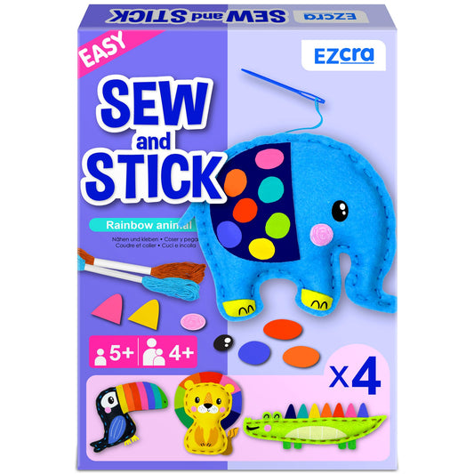 EZCRA Safari Animals Sewing Kit for Kids Ages 4-8, Elephant No-Mess Felt Craft Projects, 4 Easy Beginner Learn-to-Sew Toys for Boys and Girls