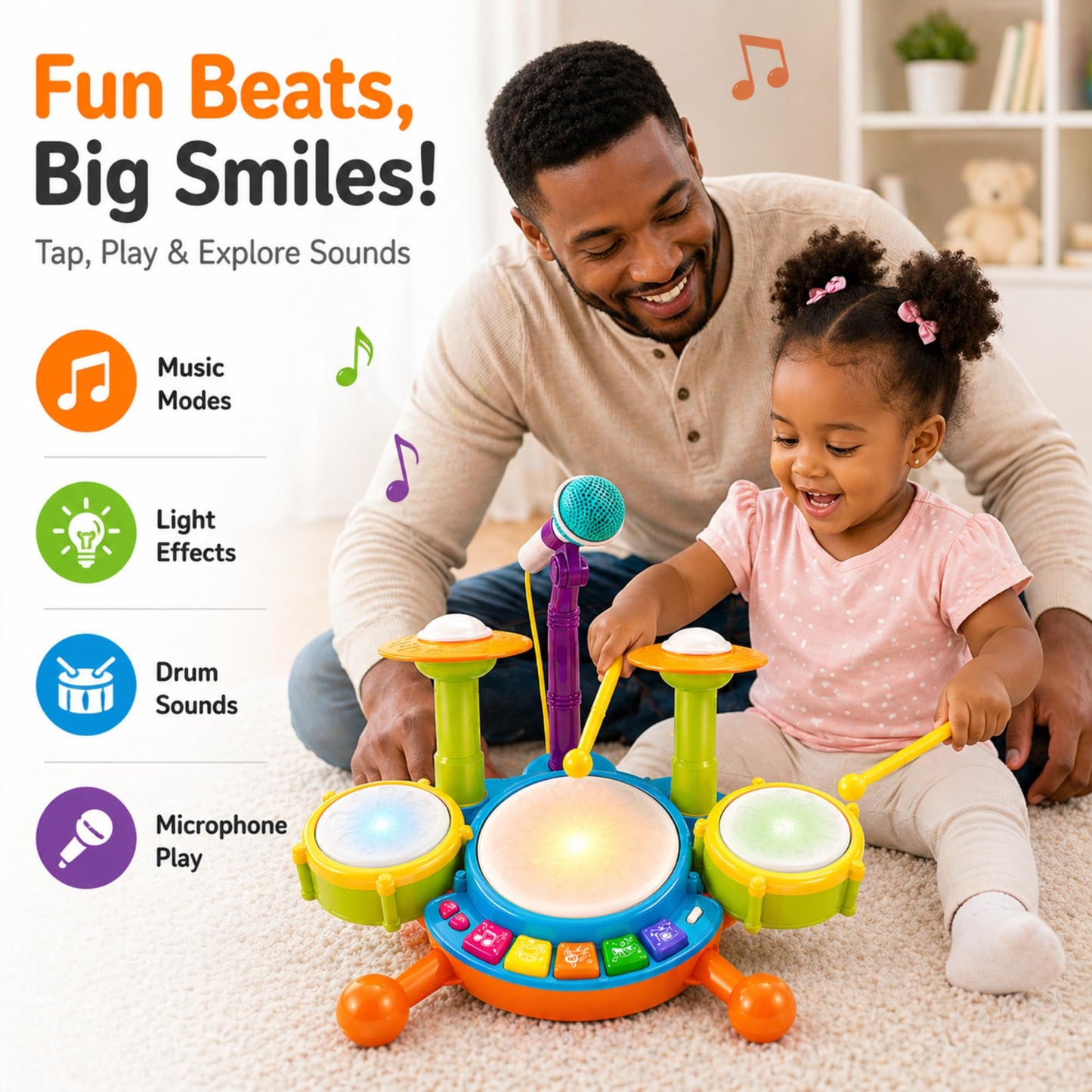Toddler Drum Set for Toddlers 1-3, Baby Drum Set with Microphone & Lights, Kids Musical Instrument Toy for 1 2 3 Year Old Boys Girls, Birthday Gift, Toddler Music Toy