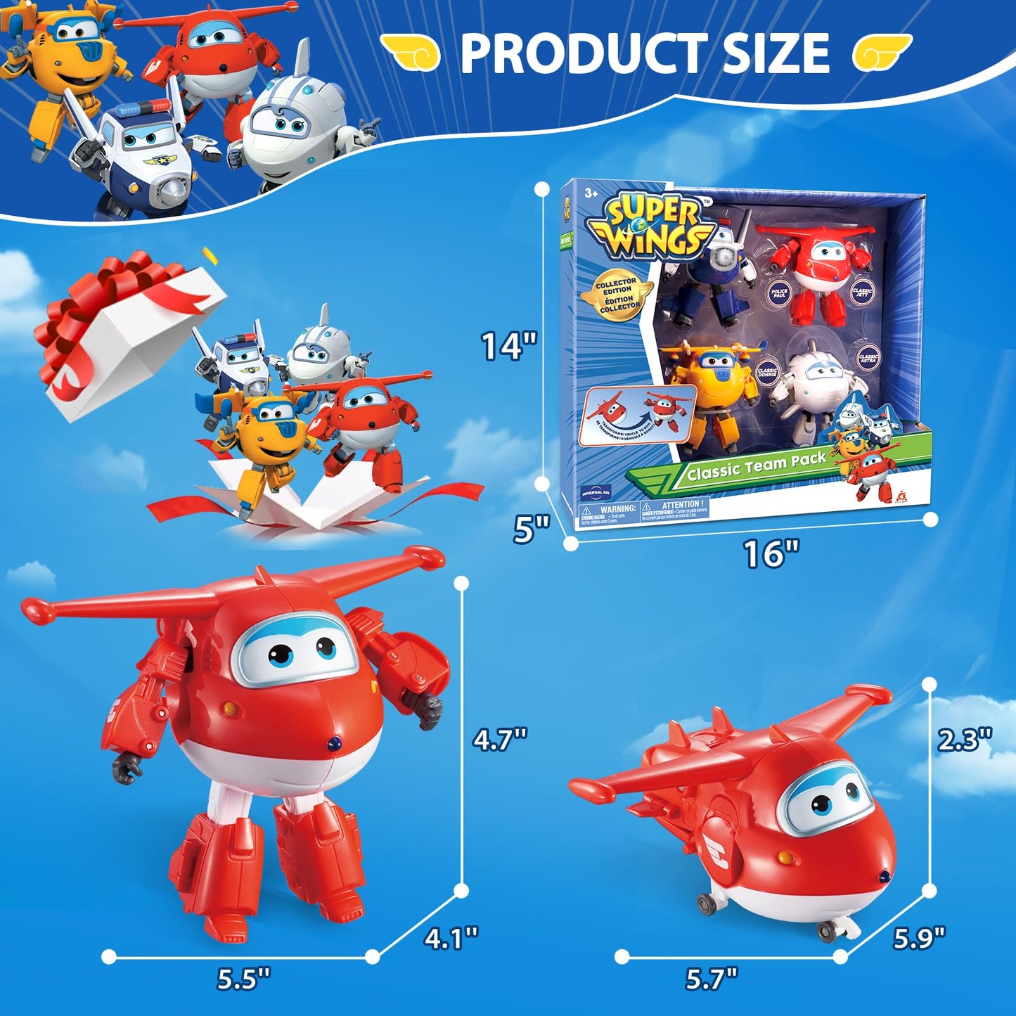 Super Wings 5" Transformable Toys 4-Pack Action Figure Tobot, Transforming Airplane Robot Toys for Boys & Girls Age 3+, Gifts for Preschool Kids, Jett, Paul, Donnie, Astra